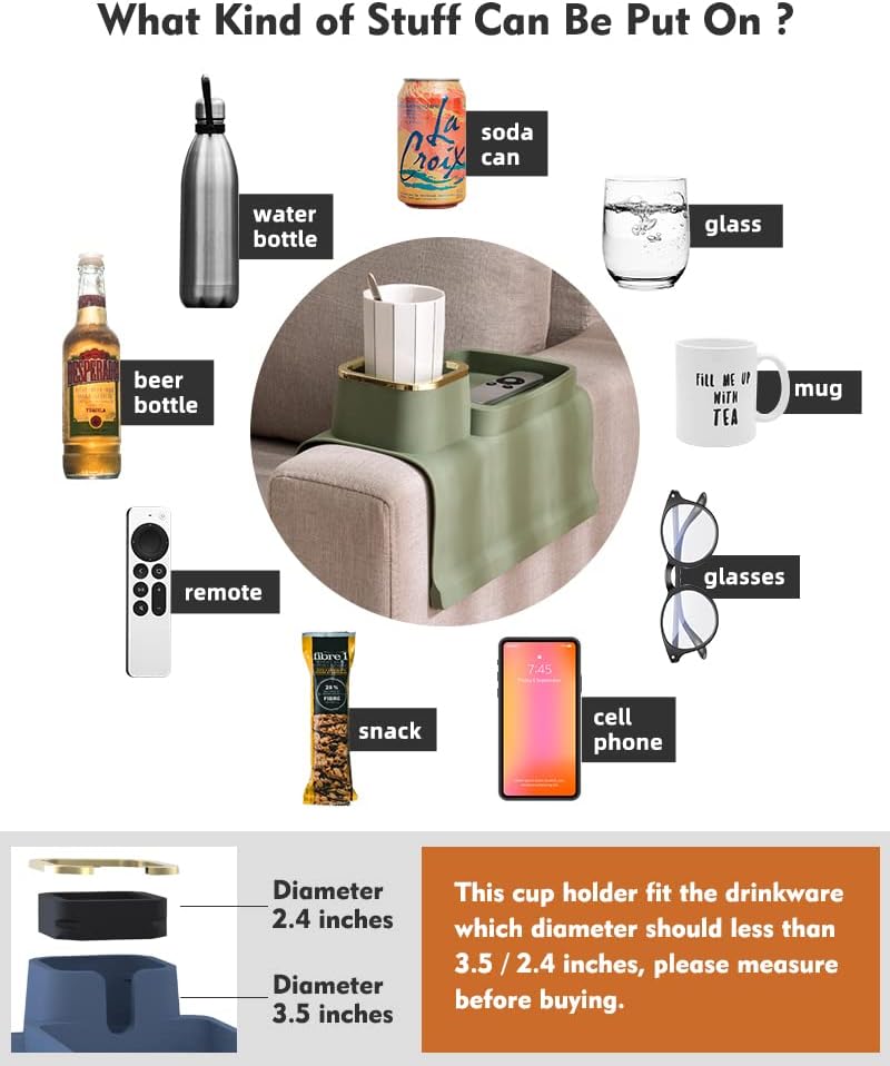 Couch Cup Holder Tray, Elimiko Silicone Anti-Spill and Anti-Slip Couch Drink Holder, Strong and Weighted Phone/Remote/Snacks Sofa Cup Holder (Black)