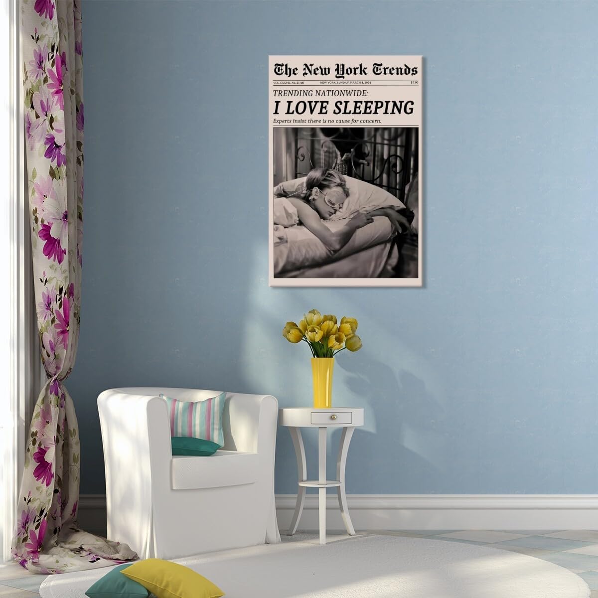 Retro Newspaper Wall Art Vintage Feminist Aesthetic Poster Black and White Canvas Print Funky Girl I Love Sleeping Art for Women Girly Bedroom Dorm Wall Decor 8x12inch Unframed