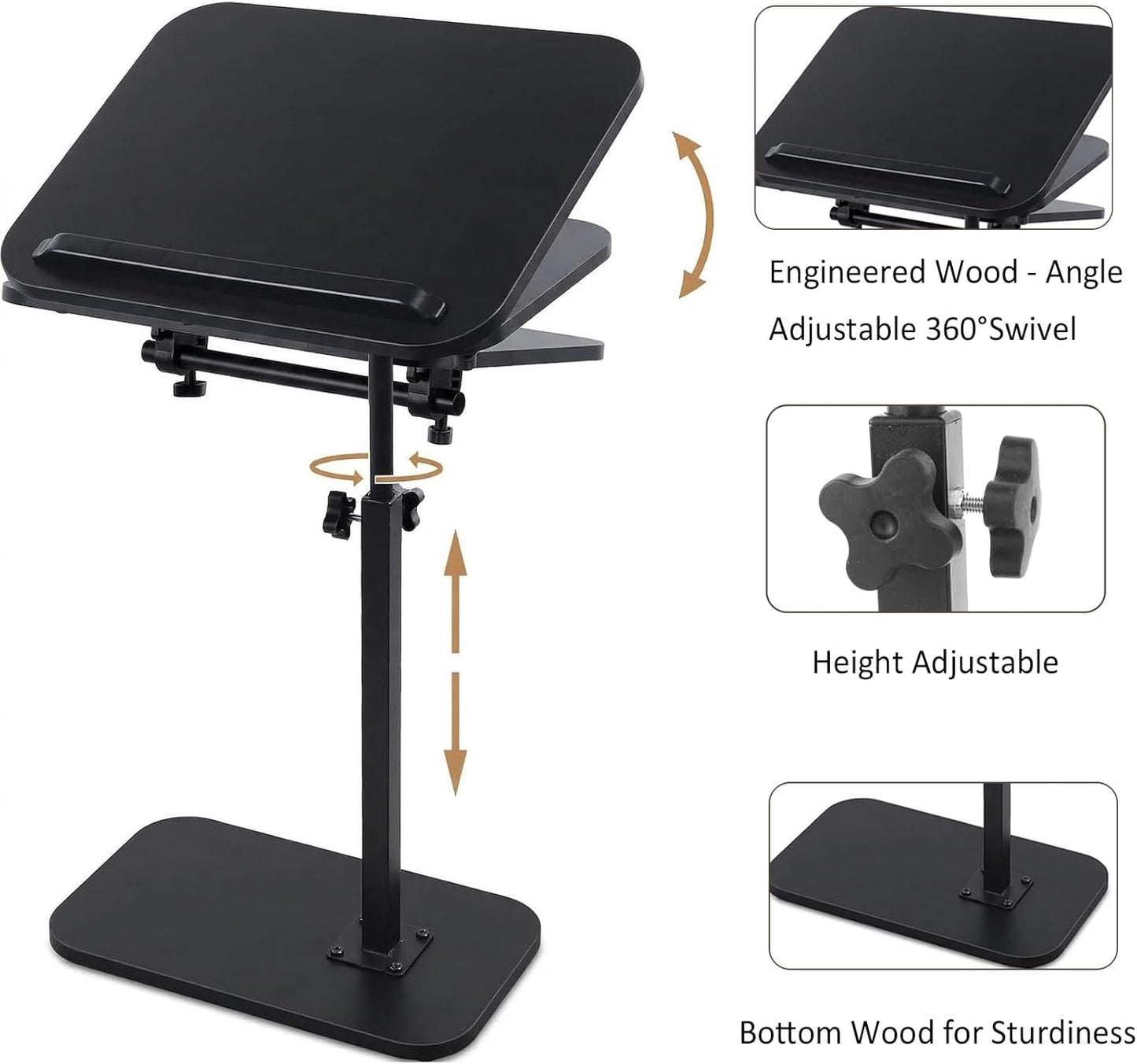 Sofa Arm Tray Table Angle Adjustable 360°Swivel Height Adjustable End Table Laptop Stand for Couch Recliner C-Shaped Table for Bed Chair or TV Tray Table Black