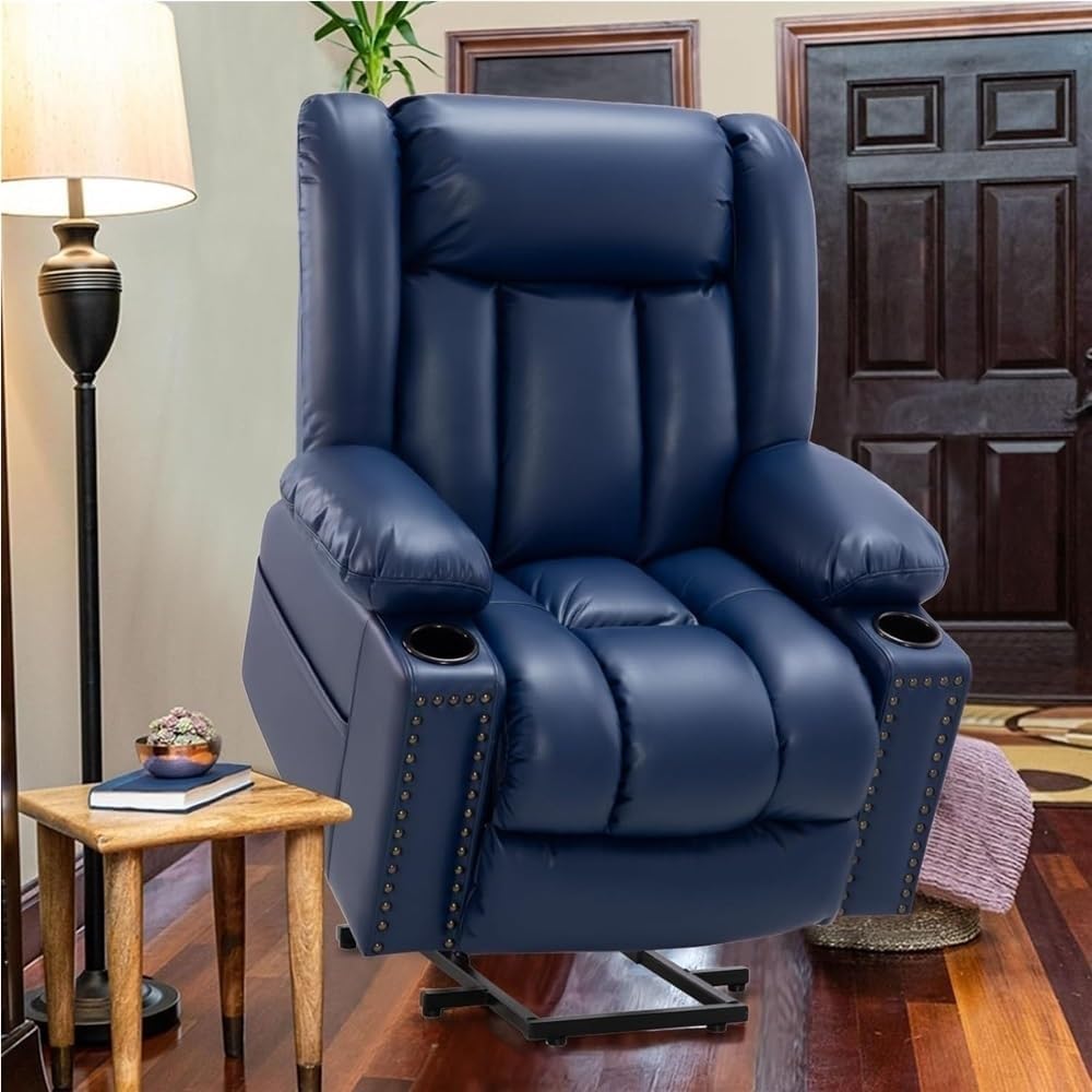 Large Power Lift Recliner Chair for Elderly Heated Massage Overstuffed Adjustable Leather Lounge Seat Three Position Electric Sofa Cup Holder Comfortable Supportive