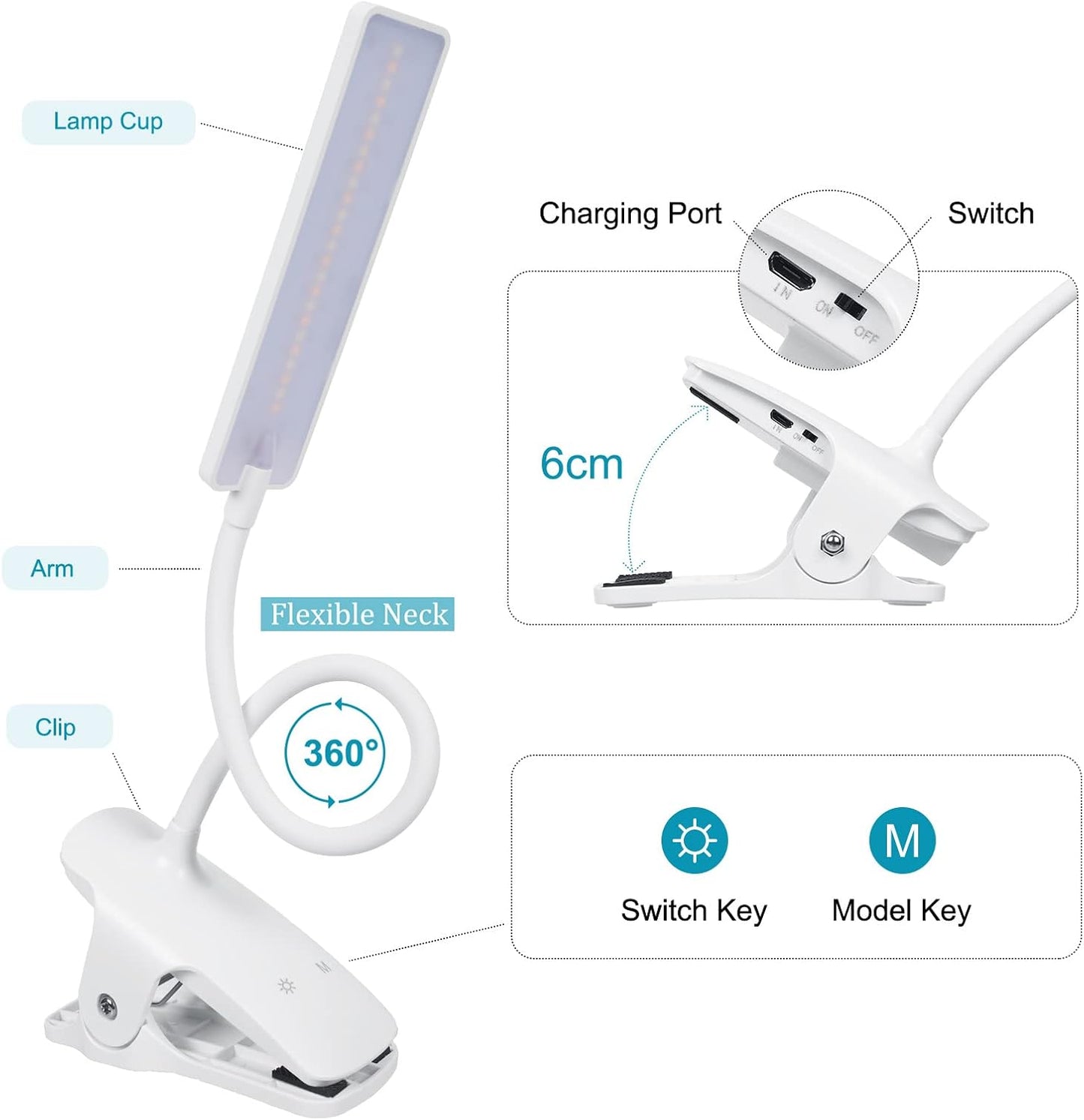 deaunbr LED Reading Light with Clip USB Rechargeable Book Lights, Eye Protection 24 LEDs Flexible Neck Night Bed Lamp, Touch Control Portable Clamp Desk Lamps for Bed Headboard, Computers