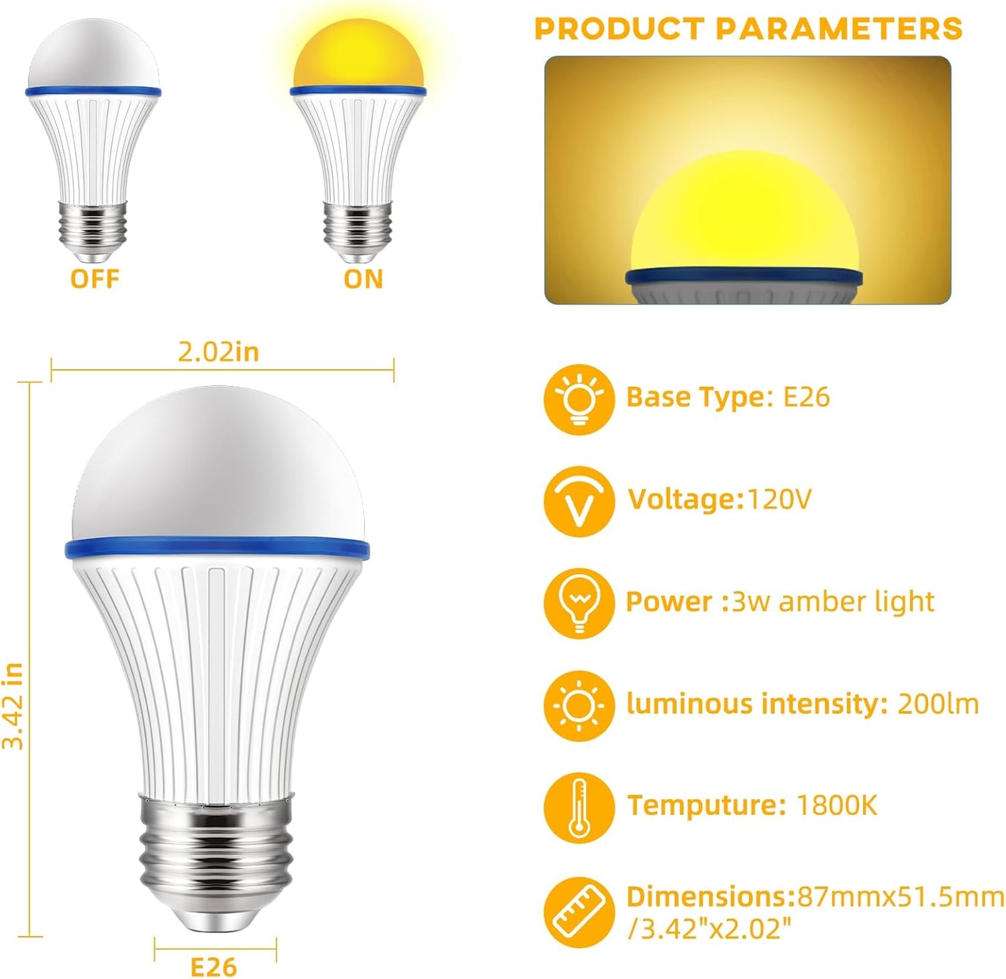 KINUR A15 3W Low Watt Amber Lights - Warm Light Bulbs for Sleep 25W Equivalent - E26 Medium Base -4 Pack