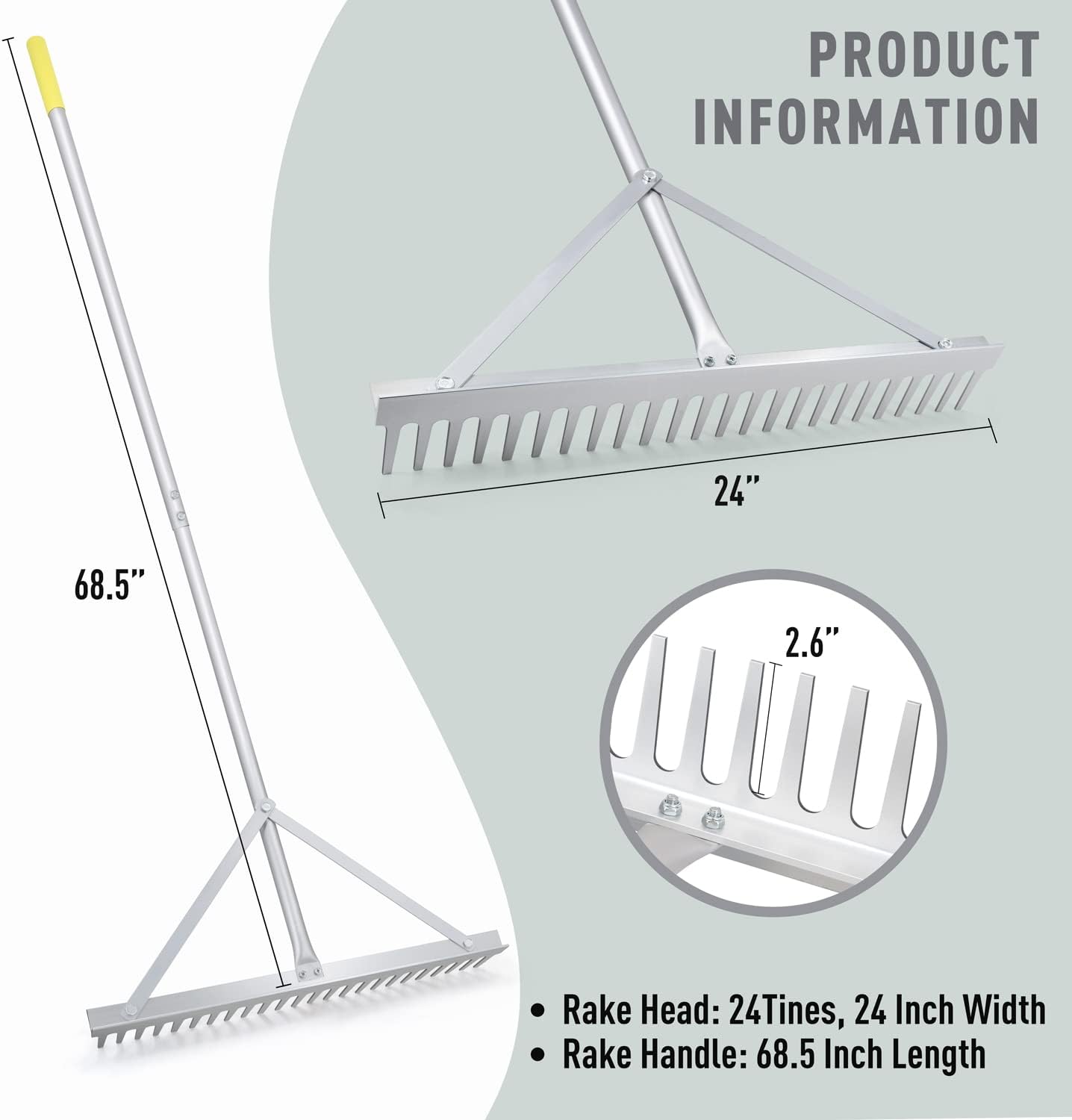 Colwelt Landscape Rake - 24Tines, Aluminum Head with 68" Handle, 24" Width for Beach & Lawn Care