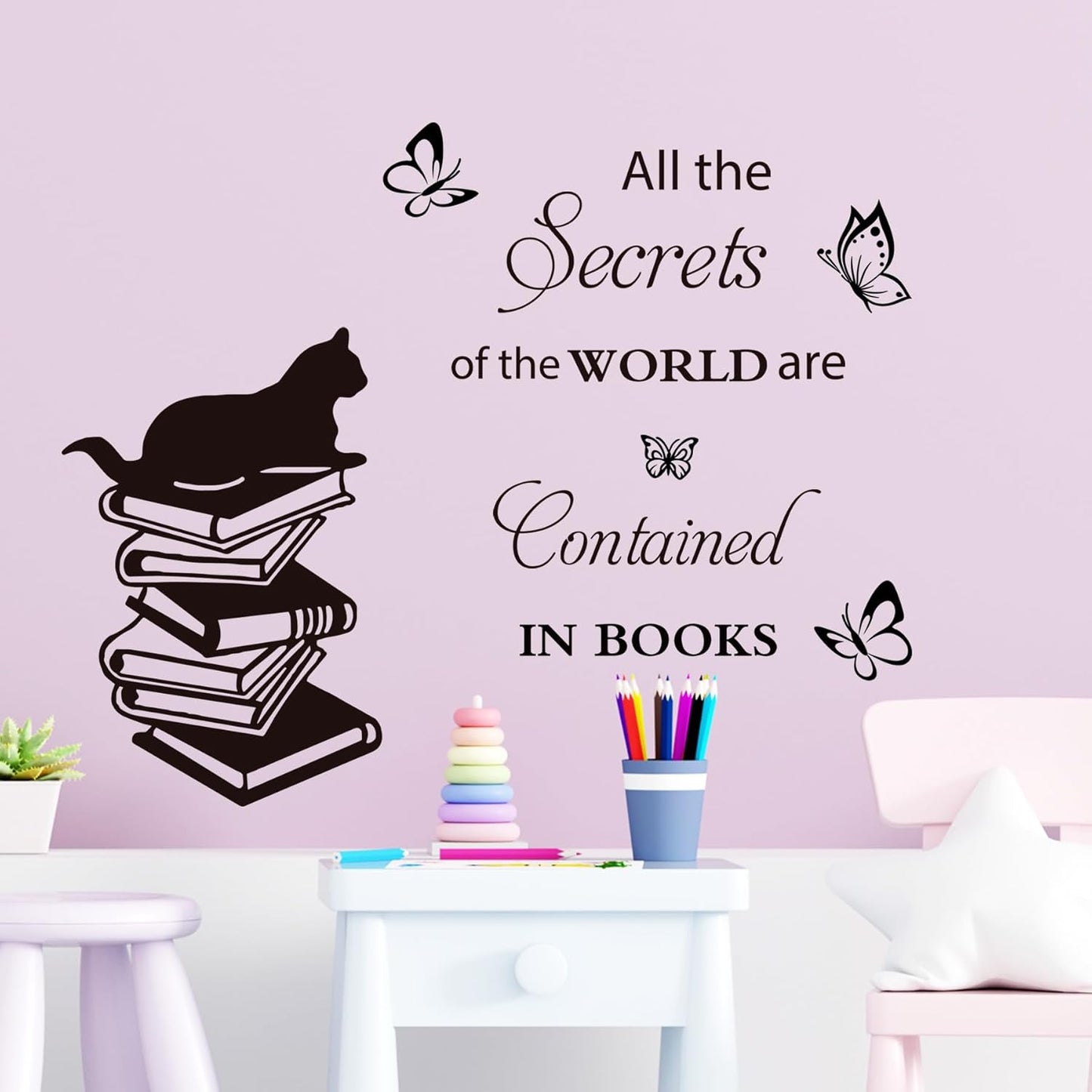 Reading Theme Wall Decal for Kid's Room , Cat Butterfly Books All the Secrets of World Inspirational Quotes Vinyl Removable Wall Stickers for Children Room Classroom Preschool