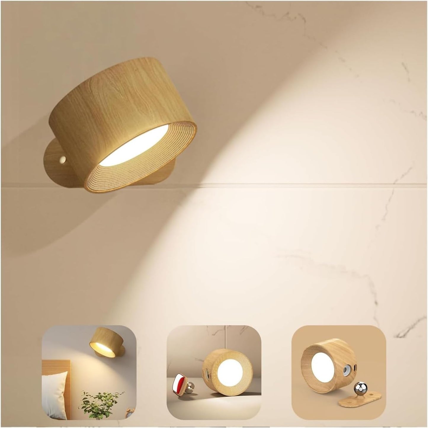 Battery Operated Wall Light, LED Wall Sconce with 3 Color Modes, 3 Brightness Levels, 360 Rotation, Touch Control, Cordless Wall Lamp for Bedroom, Reading, Bedside - 1 Pack