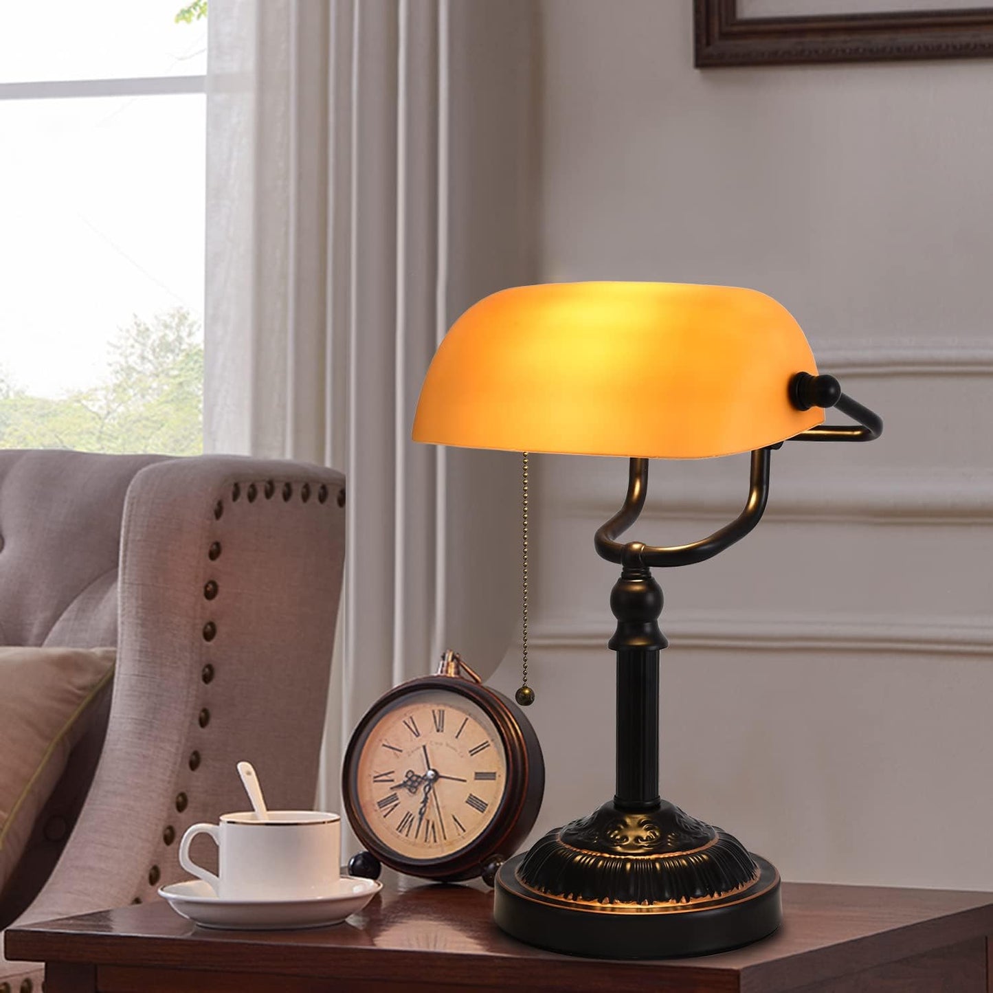 Rustic Banker's Desk Lamp Pull Chain, Traditional Bankers Desk Lamp with USB Port, Vintage Farmhouse Table Lamp for Home Office Library