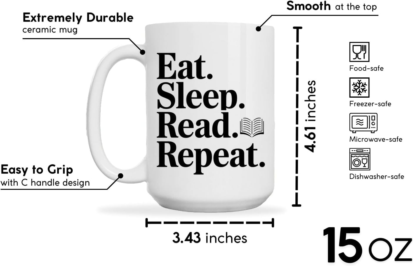 Book Lover Coffee Mug 15oz White - Read - Gift for Bookworm Reader Reading Lover Bookish Women