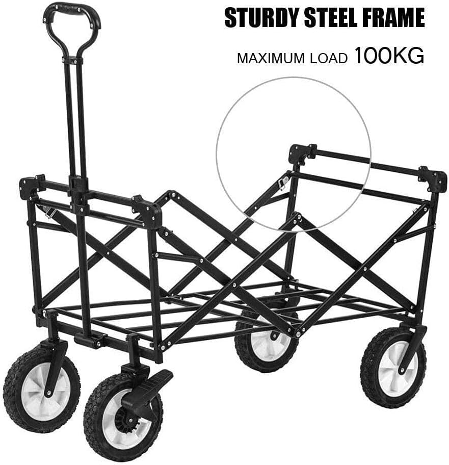 All Terrain Folding Beach Wagon with Adjustable Handle, Heavy Duty Steel Frame, 100kg Capacity, Pink(Khaki)