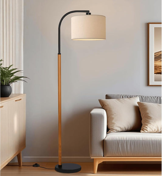 66” Brown Black Arc Floor Lamps for Living Room, 1200 Lumens 3-Level Brightness Wood Floor Lamp for Bedroom, Vintage Mid Century Black Standing Lamp, Adjustable Lampshade, LED Bulb Included