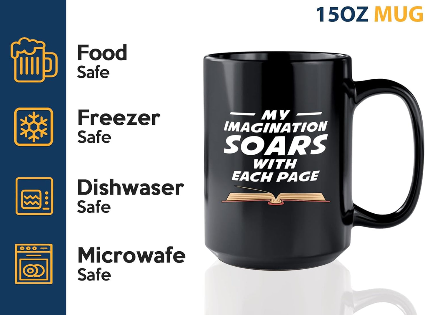 Book Lover Coffee Mug 15oz Black -Imagination Soars - Writer Editor Bookish Librarian Bibliophile Bookish Grammar Philosophers