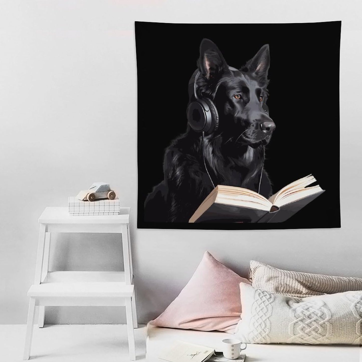 German Shepherd Wearing Headphones Reading Funny Tapestry Wall Hanging Aesthetic Blanket Room Decoration for Picnic Beach Mat