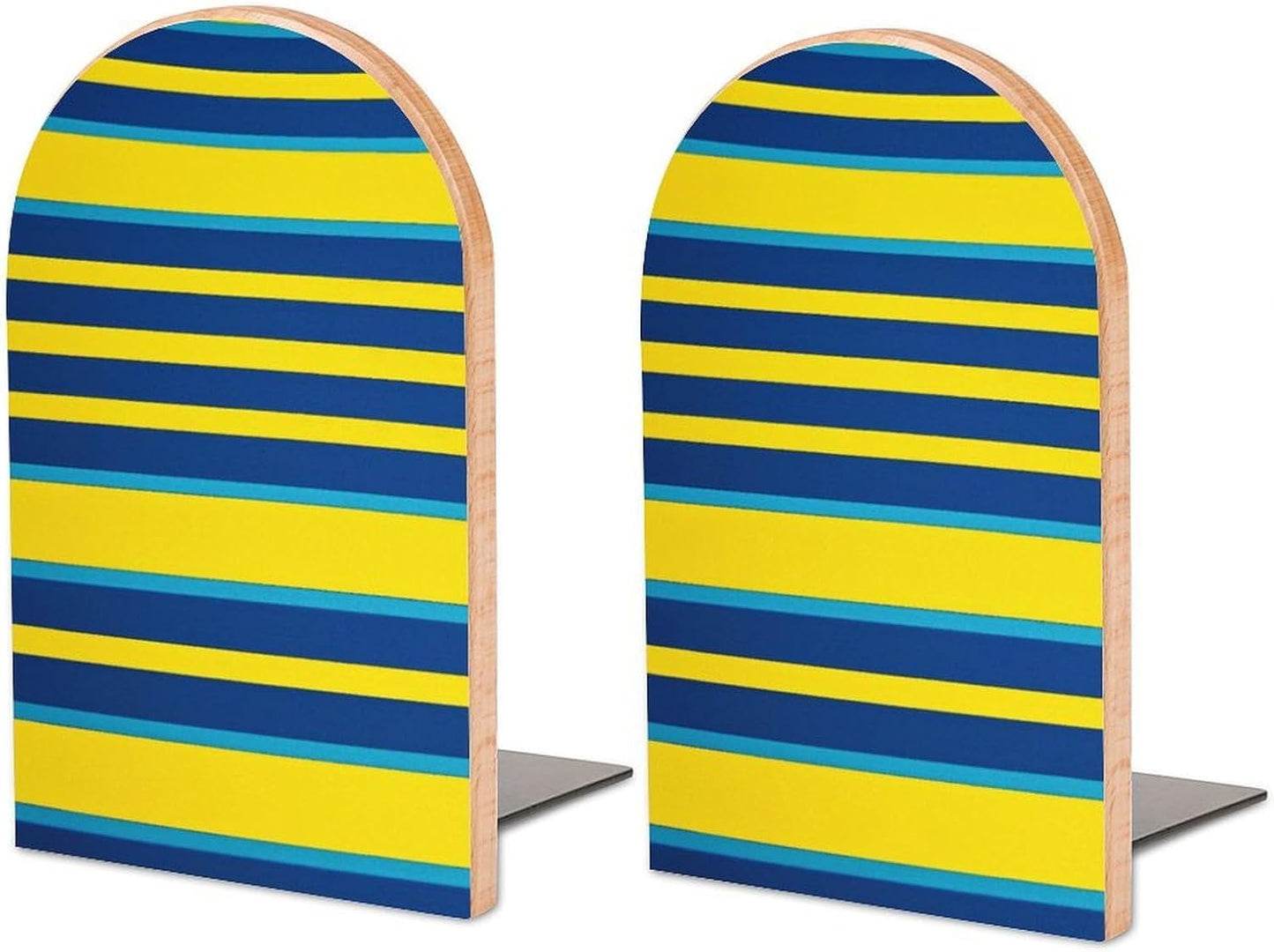 Yellow and Blue Stripes Bookend for Shelves Wooden Book End Large Size Sturdy Book Holders Stoppers with Metal Base for Bookshelves Slick Decorative Bookends Stands
