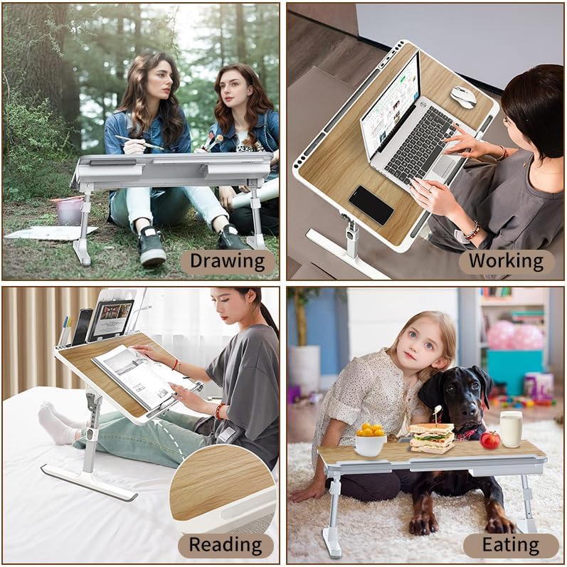Woodgrain Foldable Laptop Desk Wide Area XX-Large 27.6X17.7In, 8 Heights& Angles Adjustable Bed Table, Study Tray Laptop Stand for Bed, Couch Sofa with 2 Stoppers