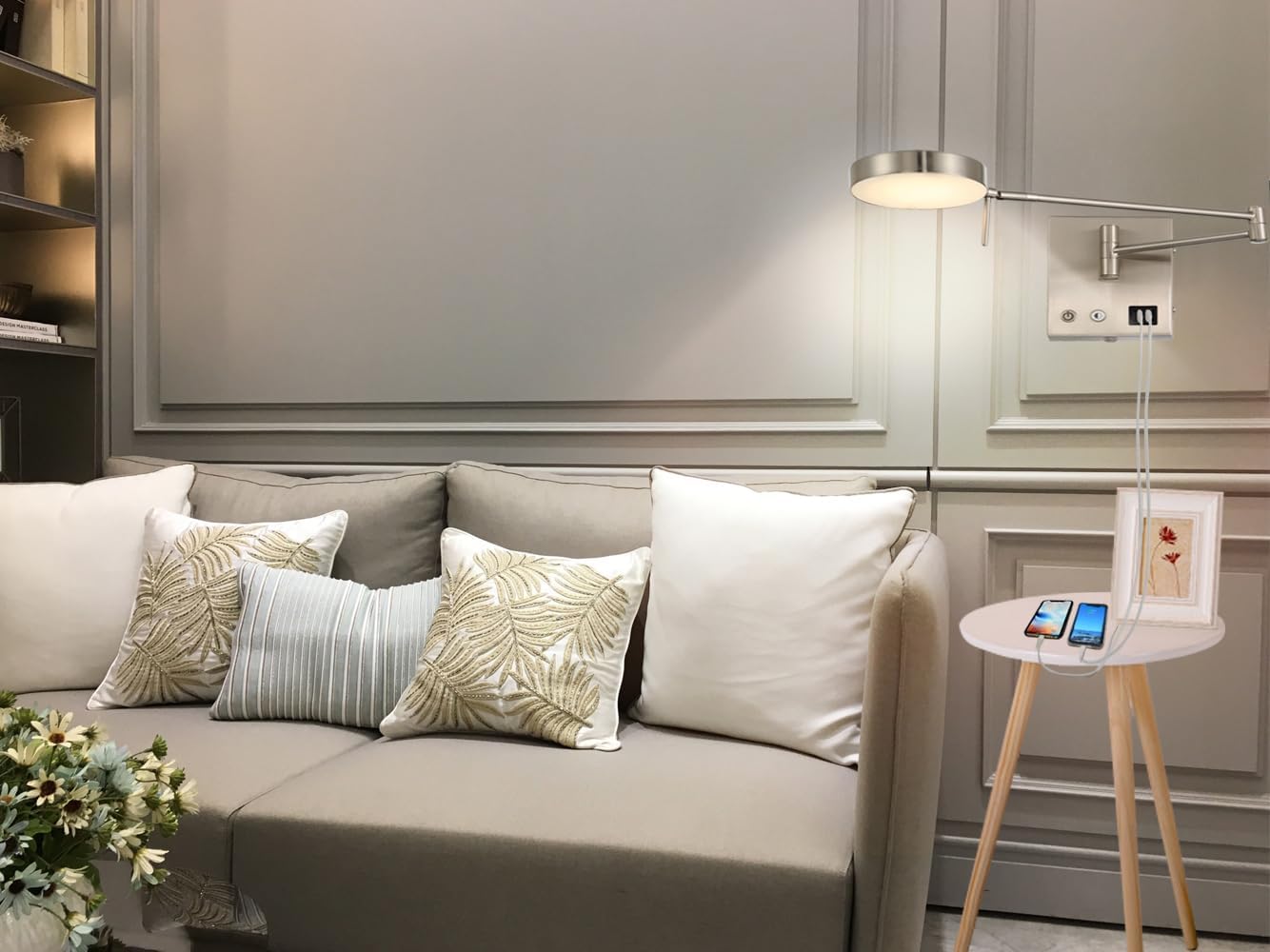 HomeFocus Swing Arm Wall Light,Bedside LED Reading Wall Light with USB Charging,Multi-Function Wall Lamp,Bedside Dimmable Wall Sconces,Adjustable LED Color and Brightness,Metal,Satin Nickel.