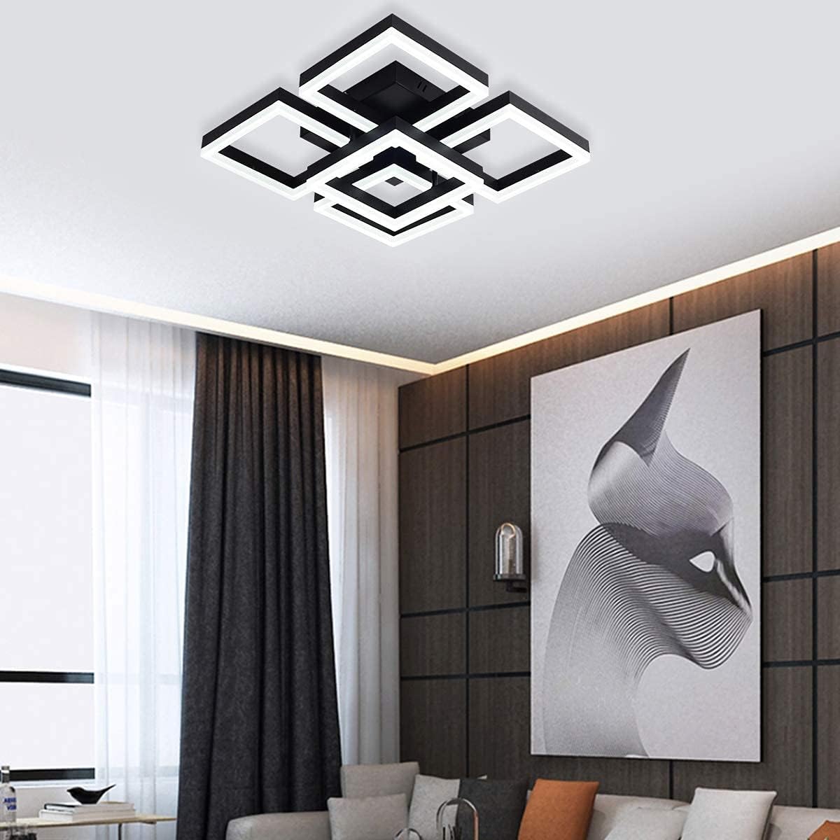 Garwarm Modern LED Ceiling Light, Black Flush Mount Light Fixtures,64W Ceiling Lamp for Living Room Bedroom Dining Room, 5 Square Metal Acrylic Surface Mount Chandelier Cool White 6000K