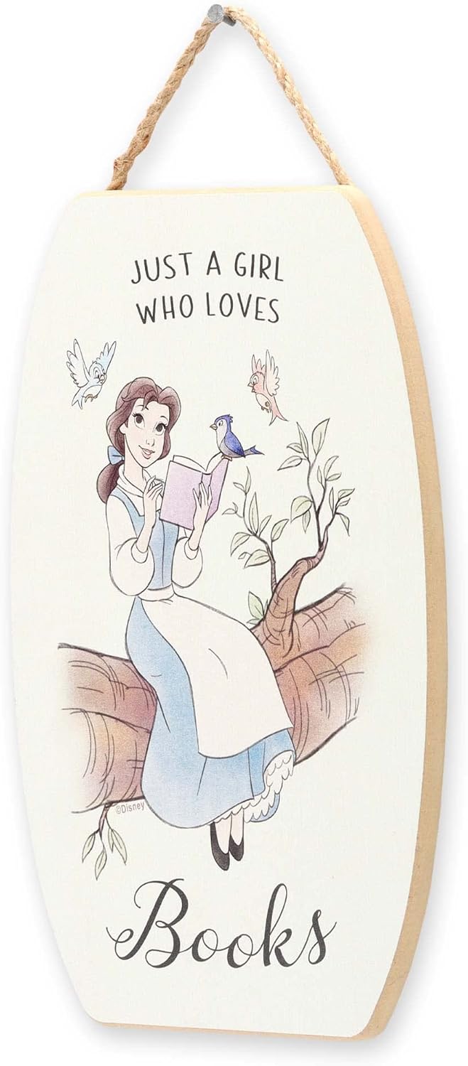 Disney Beauty and the Beast Just a Girl Who Loves Books Hanging Wood Wall Decor - Cute Belle Decoration for Kids' Bedroom or Reading Nook