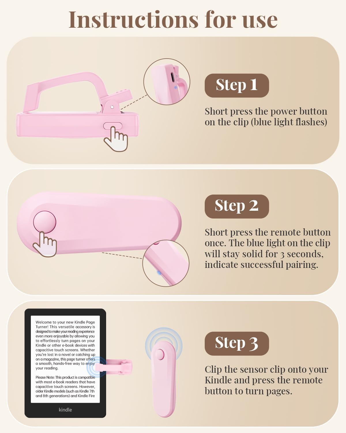 Kindle Page Turner, Remote Control Page Turner for Kindle Paperwhite Oasis EReaders Kobo, Kindle Clicker Page Turner for iPhone,iPad, Android Tablets Reading Novels,Camera Record & Shutter Selfie