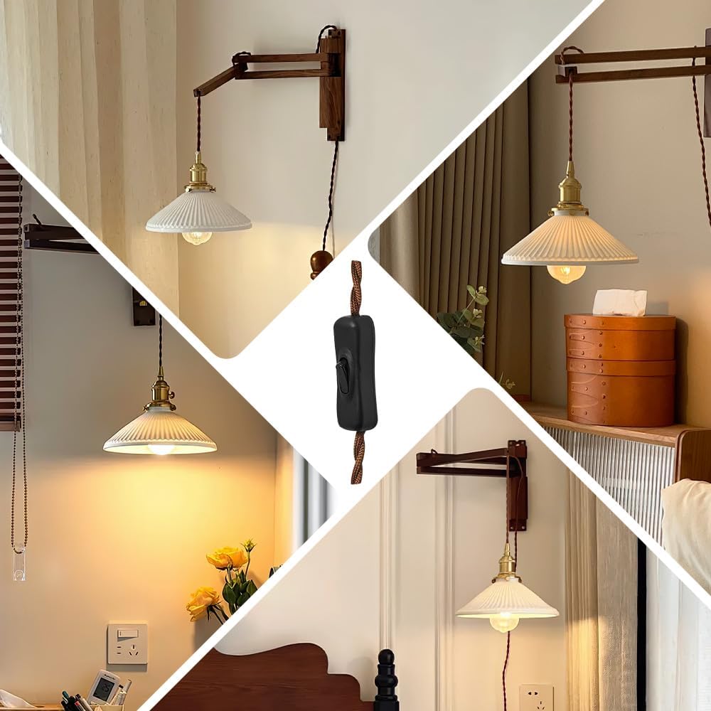 Walnut Plug in Wall Sconces,Vintage Japanese Swing Arm Wall Lamp Ceramic Shade Brass Socket for Bedroom Nightstand Bedside Reading,Bulb Included