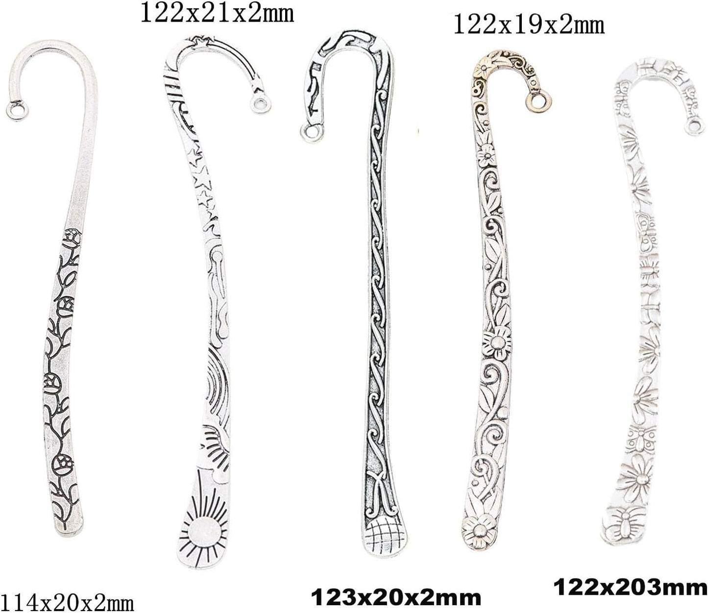 15 Pack Gold Metal Bookmark Hook DIY Bookmarks Antique Tibetan Carved with Loop for Crafting (5 Styles & Silver/Gold/Bronze)
