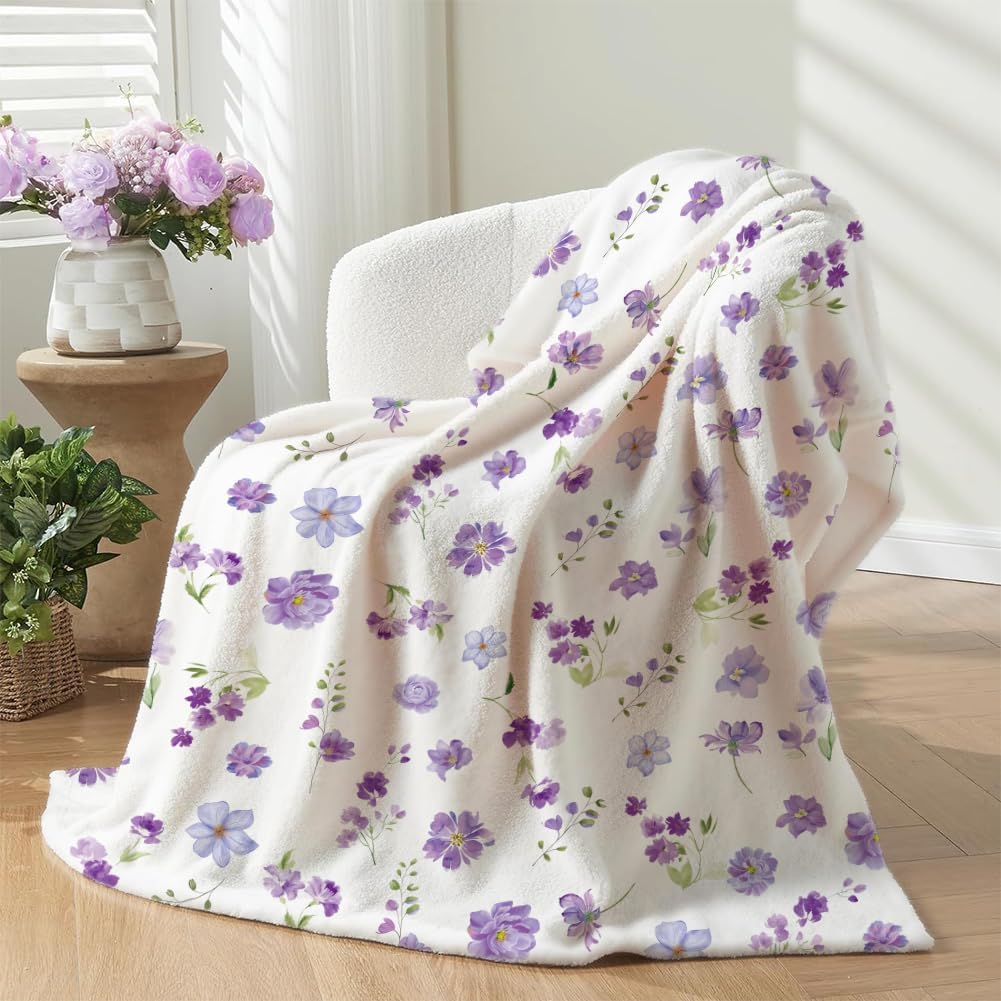 Floral Throw Blanket Purple Flowers Blanket Ultra Soft Flannel Fleece Throw Blanket Lightweight Cozy Fluffy Plush Blanket for Bed Couch Sofa 60" X 80"