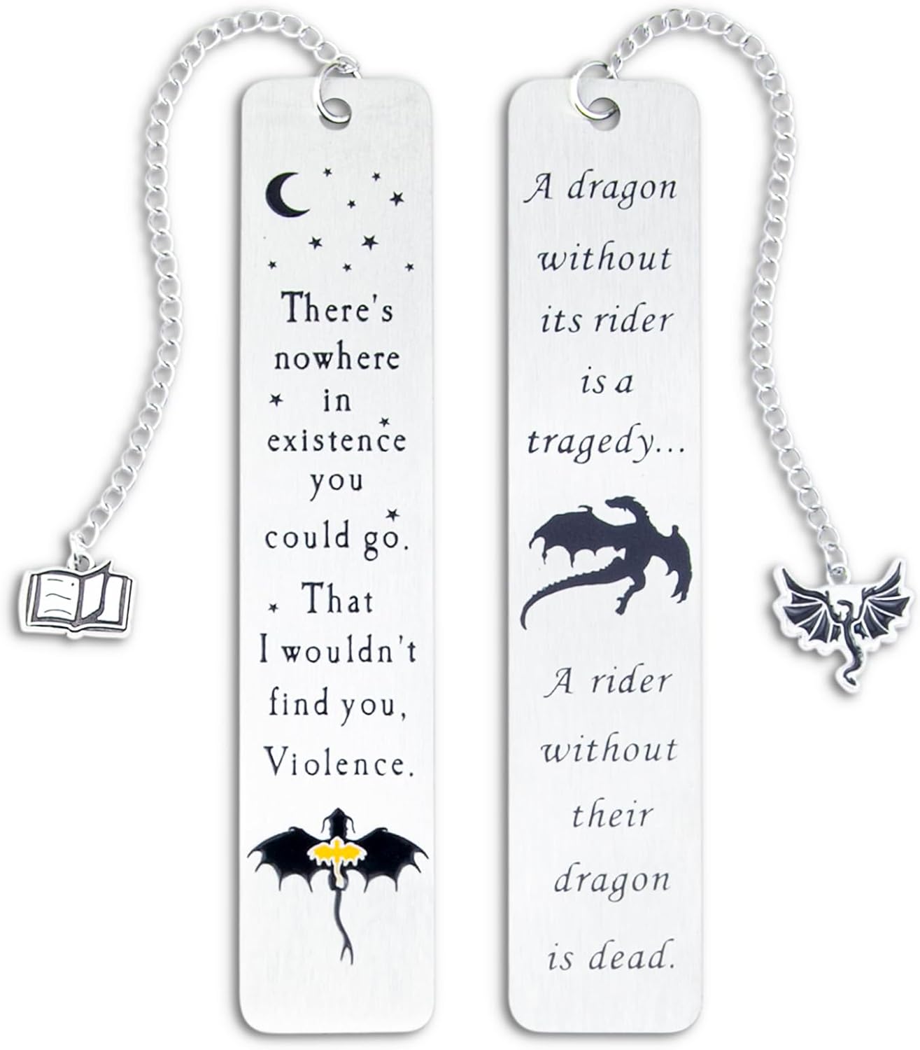 Dragon Metal Bookmarks – Set of 2 Engraved Fantasy Bookmark with Charms, Cool Bookmarks for Women and Men, Bookish Quotes Gifts for Readers, Magical Academy Book Accessories (Style 2)