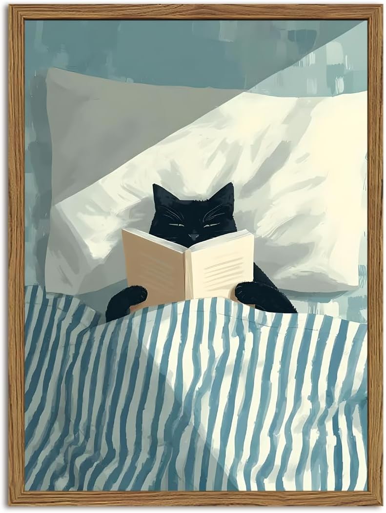 Framed Funny Black Cat Wall Art, Whimsical Cat in Stripe Bed Reading Wall Decor Painting Cute Animal Book Lover Blue and White Poster Canvas Print for Bedroom Living Room 16x24 inch Wood Framed