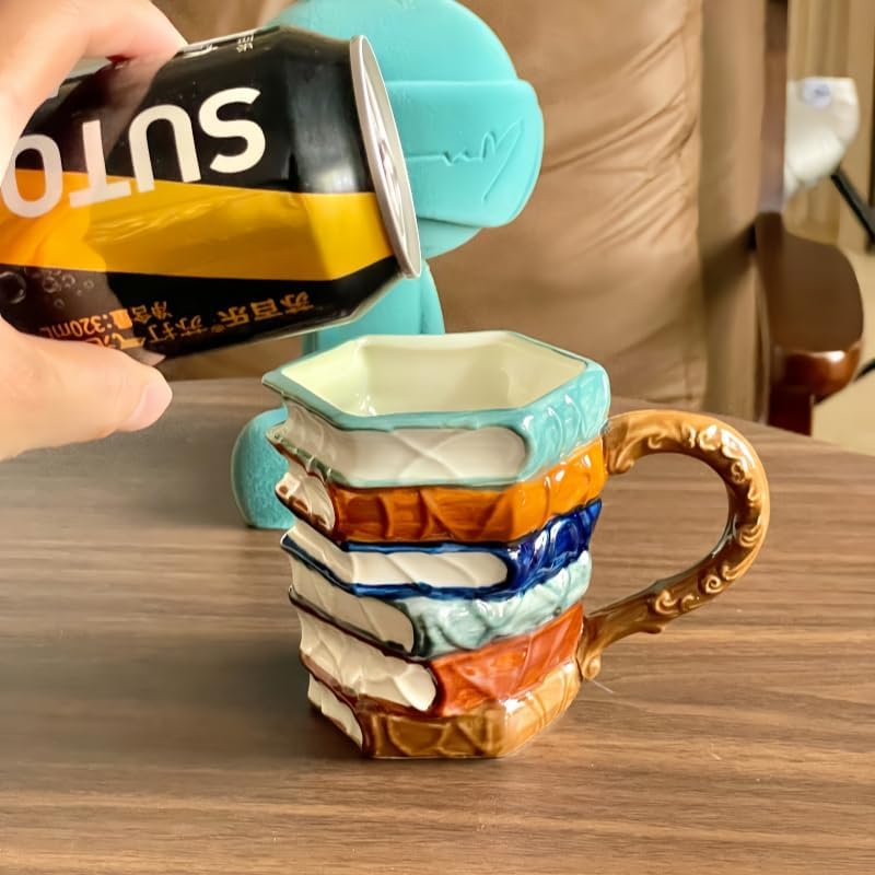 suigetsu Hand Painted 3D Book Stack Glass Coffee Mug, Colorful Stained Glass Design, Novelty Cup for Book Lovers (VINTAGE)
