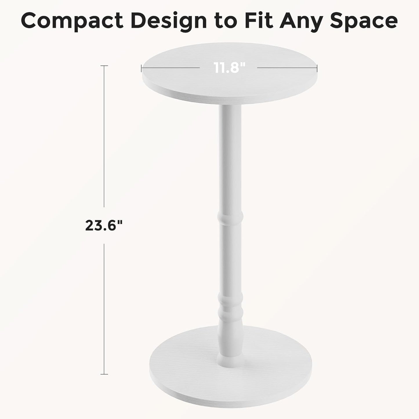 12" Round Side Tables Set of 2, Solid Wood Pillar with Wood Top & Base, Small Drink Accent Table for Living Room, Bedroom, Sofa & Office, Easy Assembly, White