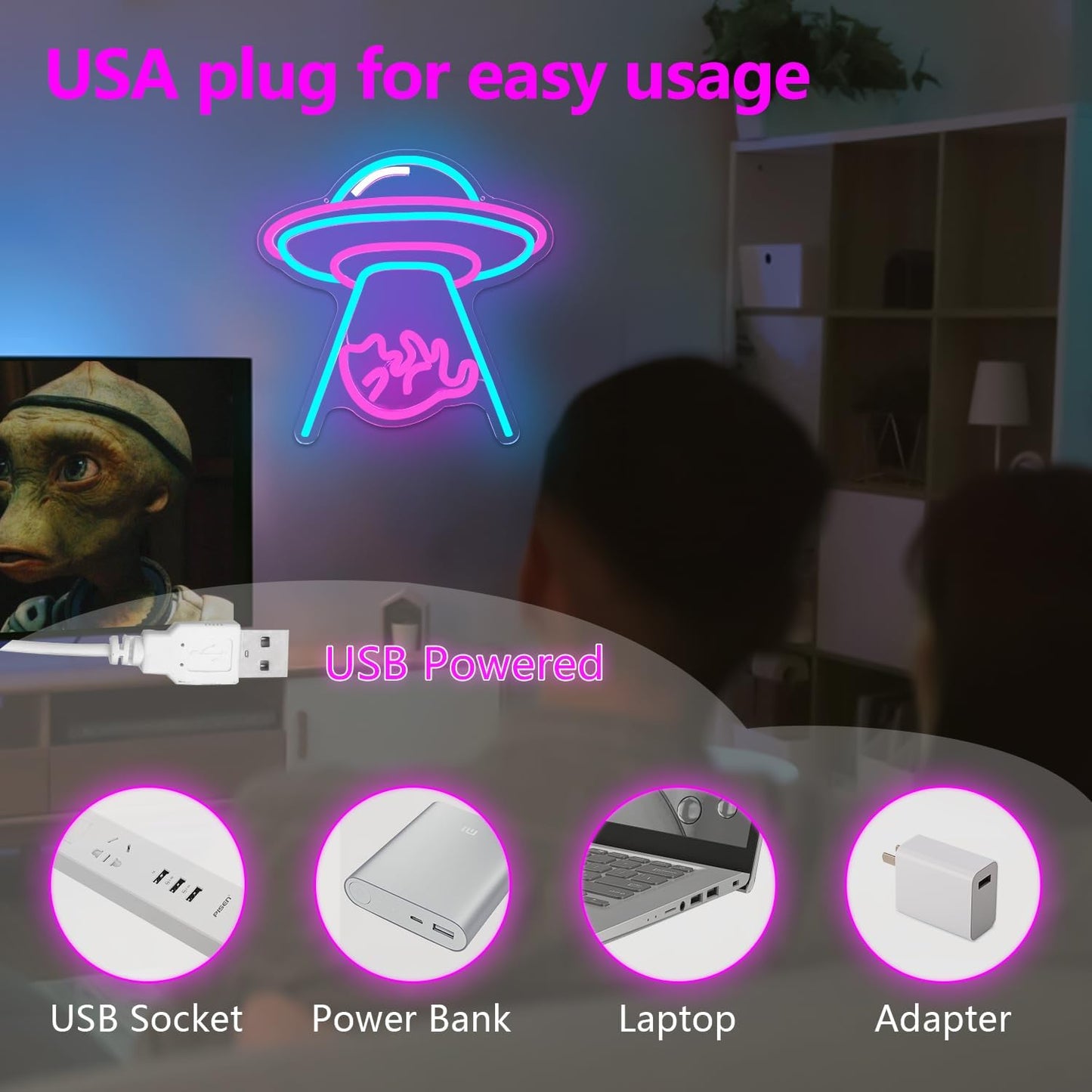 UFO Cat Neon Signs for Wall Decor Cat Neon Light USB Powered Dimmable Flying Saucer Light up Sign for Bedroom UFO Alien Night Lamp for Christmas Birthday Gifts