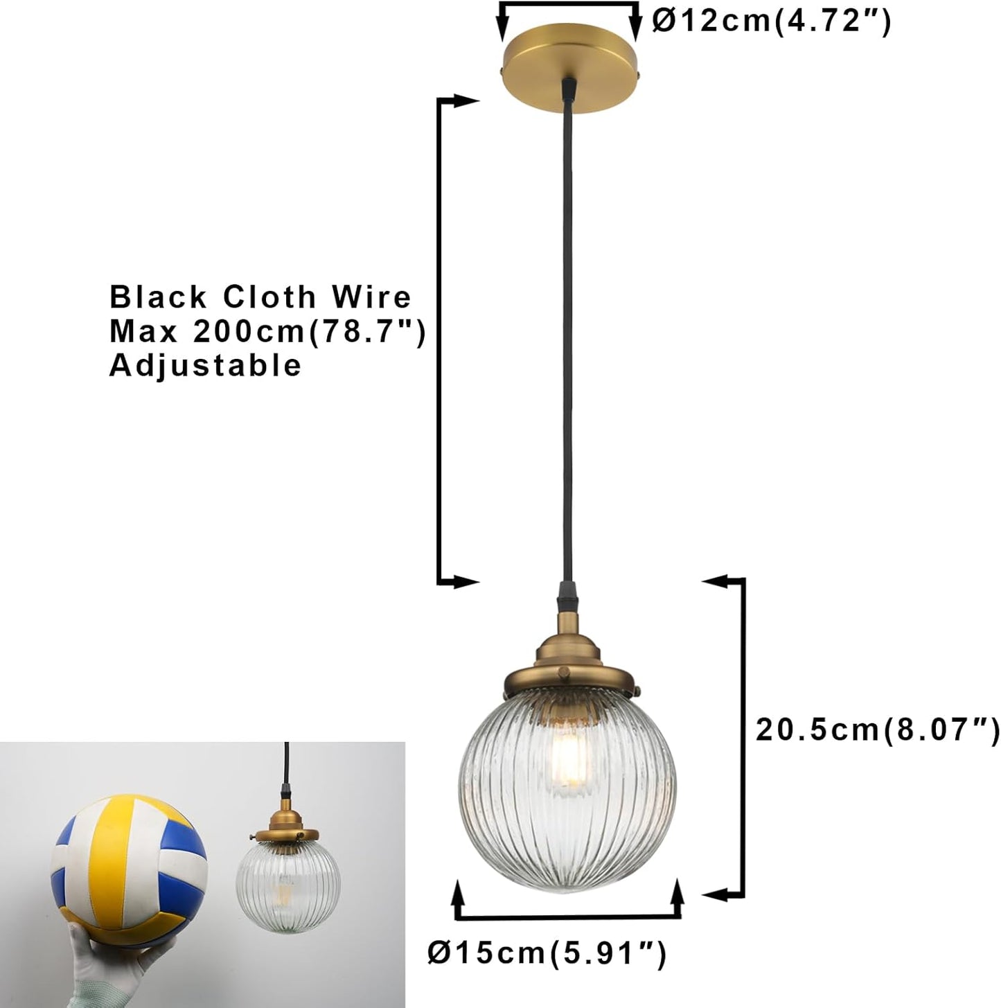 Yosoan 1-Light Vintage Kitchen Hanging Pendant Light Fixture, Single Hardwired Indoor Vanity Luxury Retro Textured Striped Round Glass Shade Samll Lamp for Dinning Room Living Room Island(Antique)
