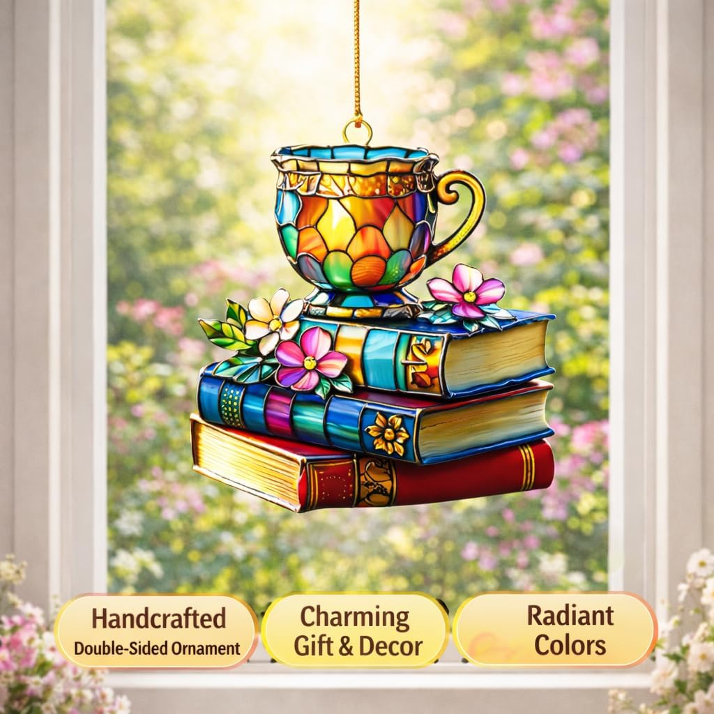 Book Lovers Gifts for Women -Tea Books Ornament, Floral Book Ornament, Gift for Readers Friends Coworker, Hanging Literary Decor, Reader, Bookworm, Book Ornament Faux Stained Glass Window Hanging.
