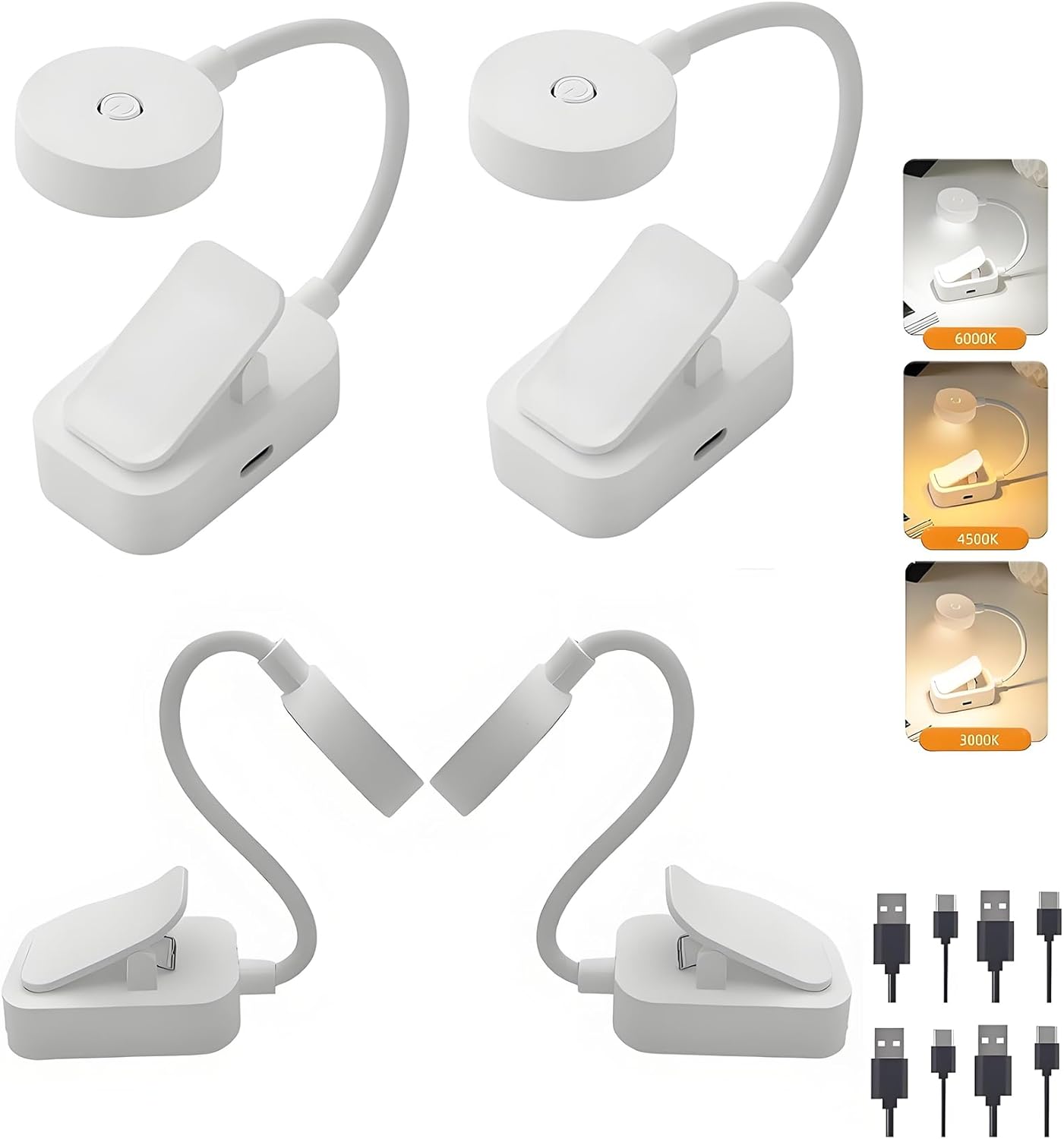 4Pack Rechargeable Book Light Bulk for Reading in Bed,3 Color Temperature Reading Light,Adjustable Brightness,Clip on to Book for Reading at Night