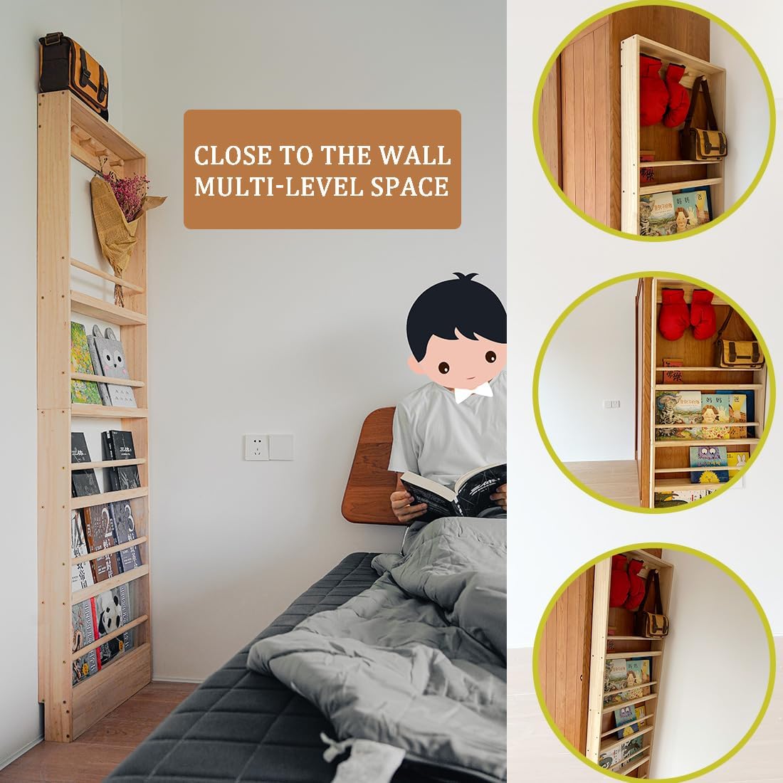 Wooden Kids Bookshelf, Wall Mount Shelf with Hooks, Organizer for Toys and Books, Space-Saving | with Hooks, Space-Saving