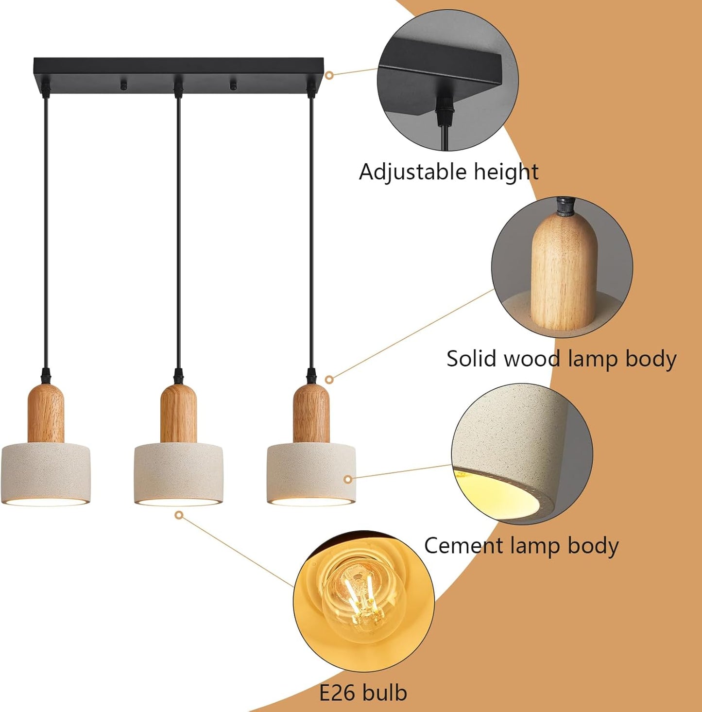 Modern Cement Pendant Lights White Chandelier Wooden Ceiling Lamps for Kitchen Island Bedroom Dining Room Living Room bar（3-Light）