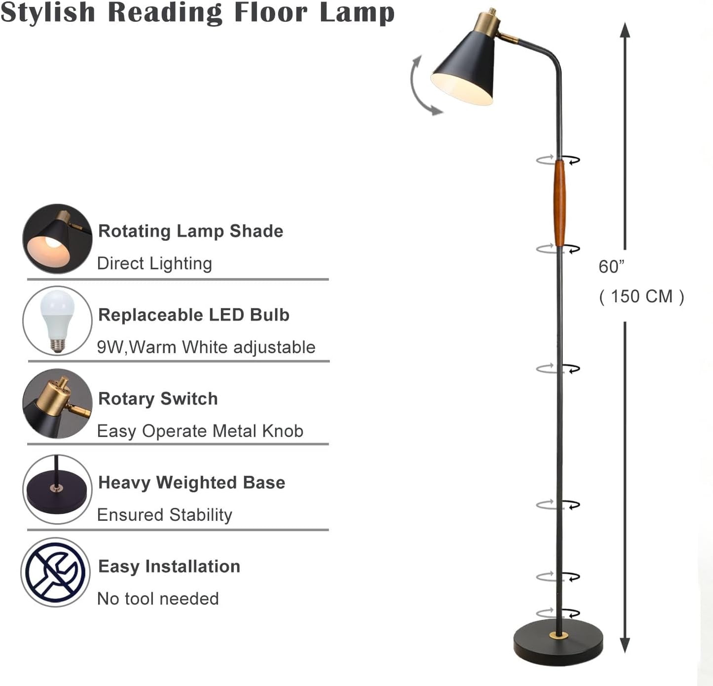 Adjustable Reading Floor Lamp,360°Rotatable Shade,3CCT LED Bulb Include,Black