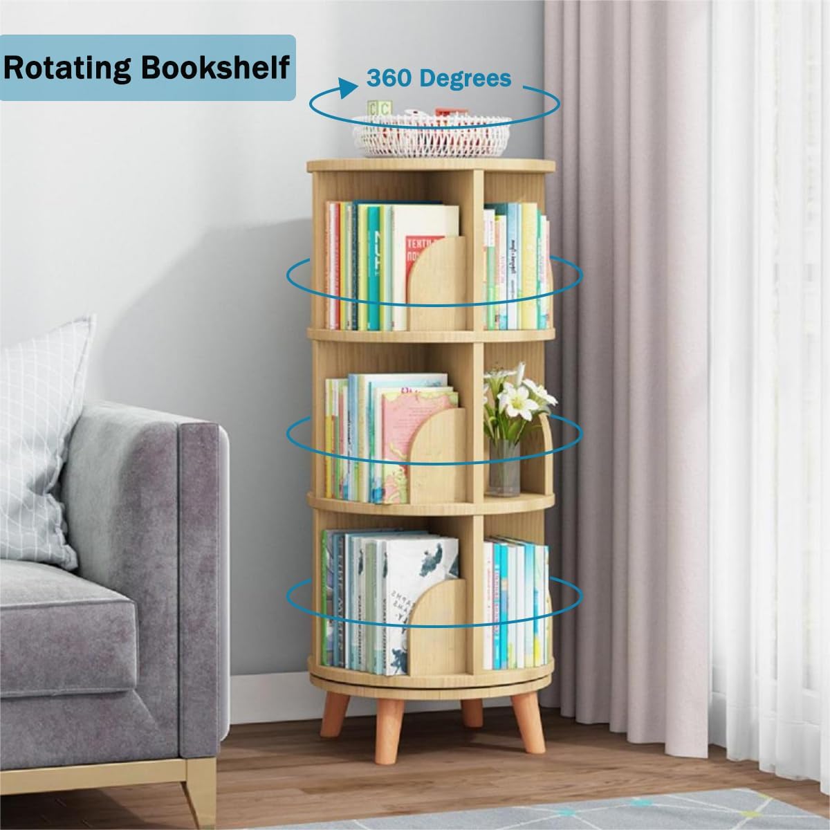 Gdrasuya10 3 Tier Rotating Bookshelf with Legs, Revolving Bookcase Floor Standing Book Shelf 360 Display Bookcase Round Bookshelf Corner Book Shelf Easy Assemble for Bedroom