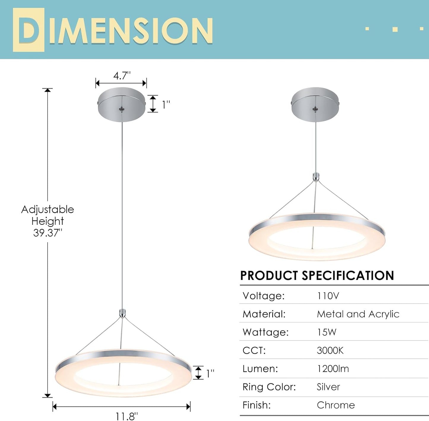 CHYING LED Pendant Lights Kitchen Island, 11.8" 15W Warm White Modern Ring Chandelier, Adjustable Height Silver Hanging Pendant Ceiling Light for Dining Room Bedroom Hallway Entryway, 3000K
