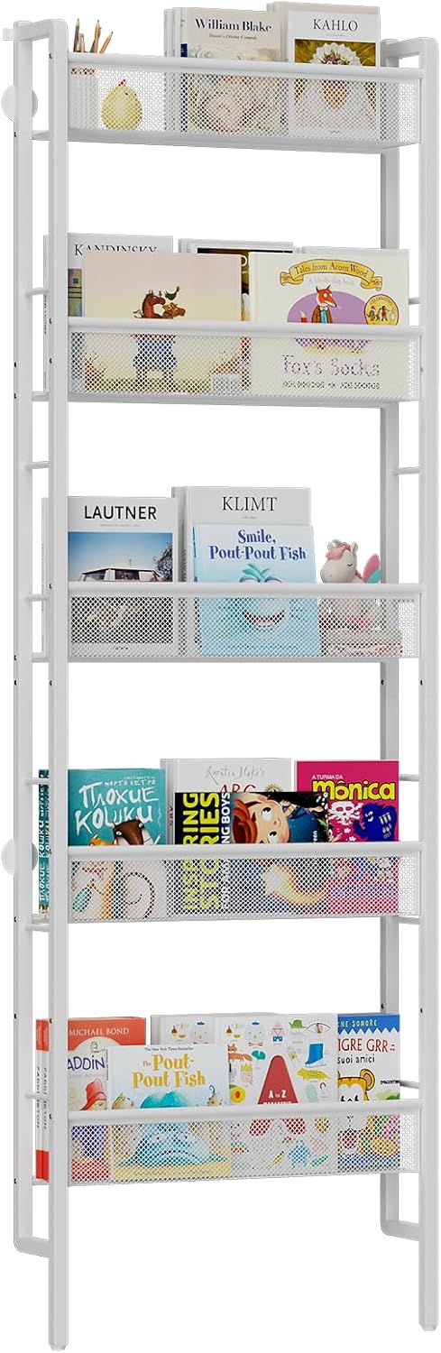 B8 Kids Bookshelf Wall Mounted, 5-Tier Wall Bookshelf for Kids, Children's Bookcases Organizer for Toys and Books, Metal Toddler Book Shelves for Nursery, Bedroom, Living Room, White