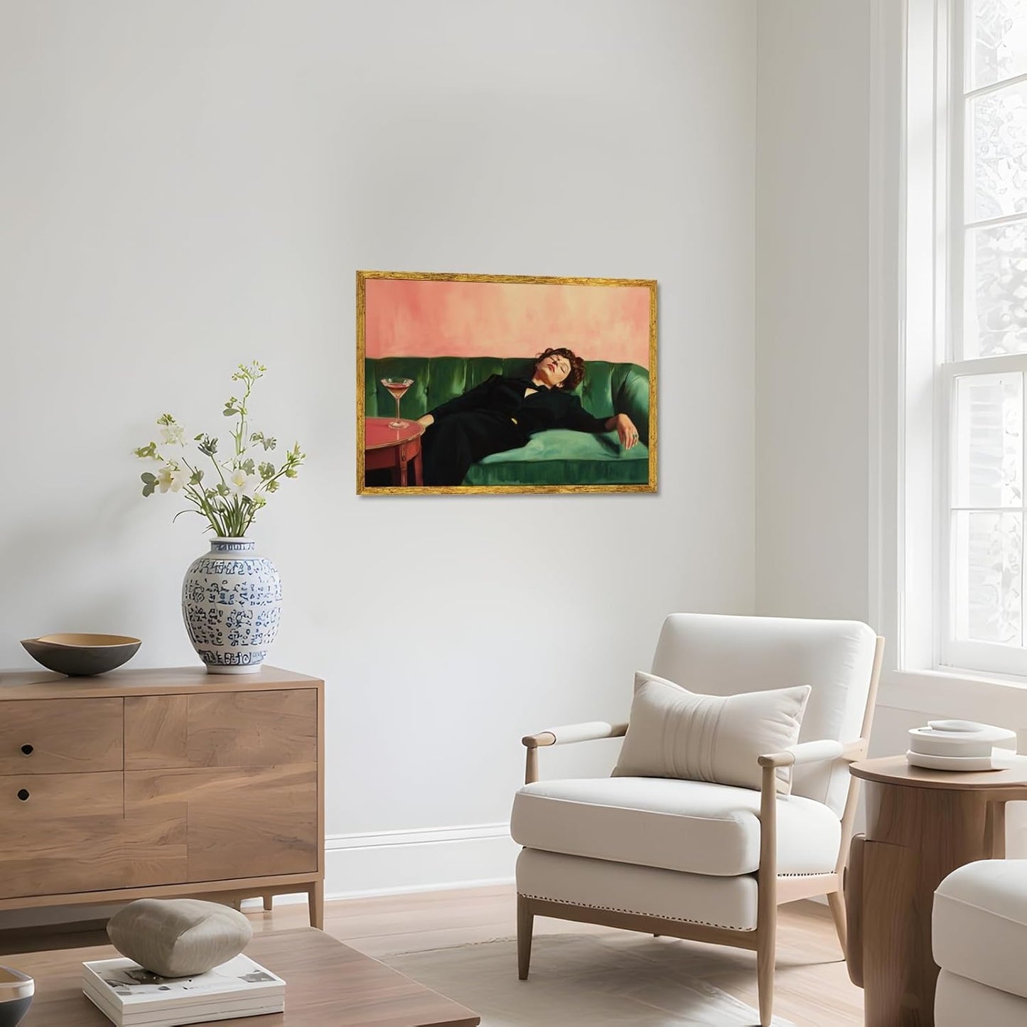 Woman Drinking Glass of Martini Wall Art Print Woman Sitting on The Green Sofa Painting Pictures Retro Female Portrait Poster Trendy Cocktail Alcohol Artwork for Kitchen Bar 8x12inch Golden frame