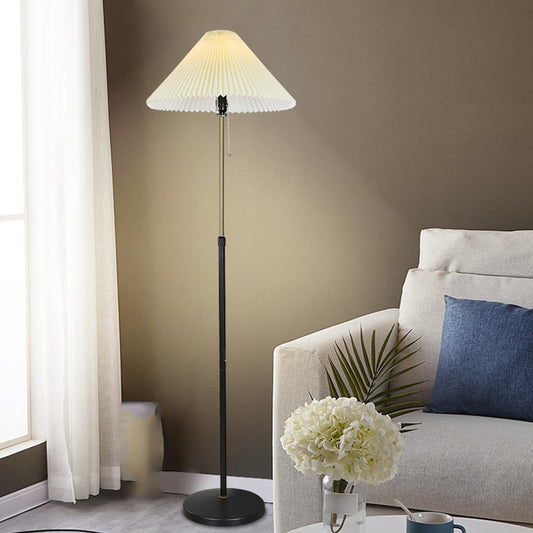 Nordic Cream Style Floor Lamp Adjustable Height Standing Lamp Pleated Shade Vertical Light with Pull Chain Switch Eye Protection Reading Pole Lights Black Iron Floor Lamps for Living Room