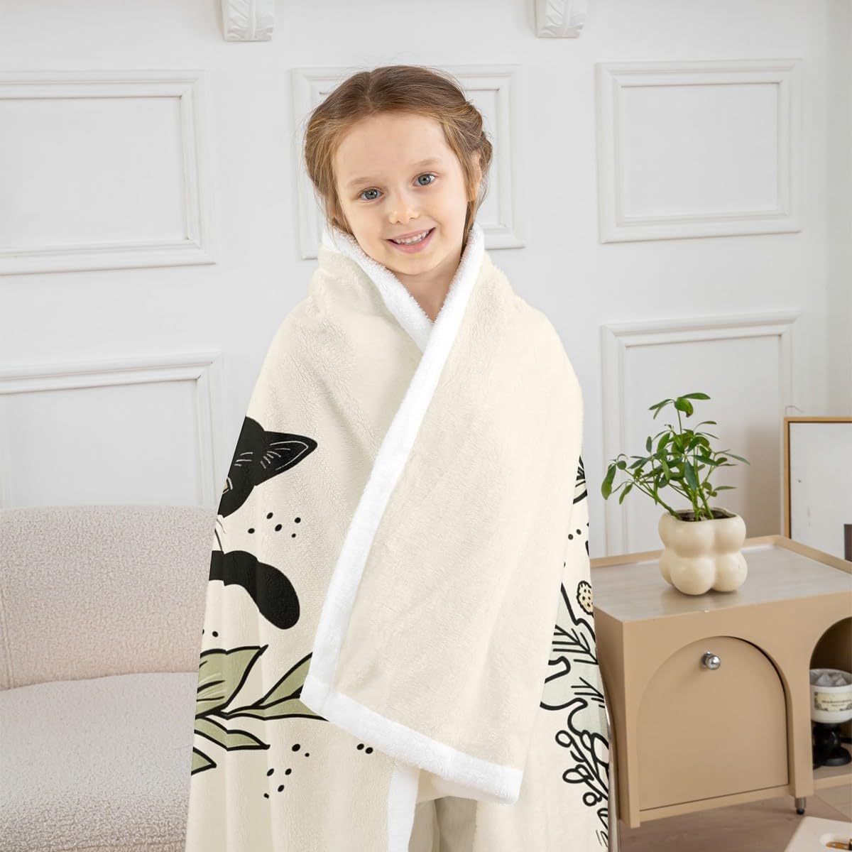 jejeloiu Black Cat Sherpa Throw Blanket for Couch Garden Floral Super Soft Cozy Fleece Cute Kitten Blanket for Winter, Plush Throw Reading Book Throw 50"x60" All Season