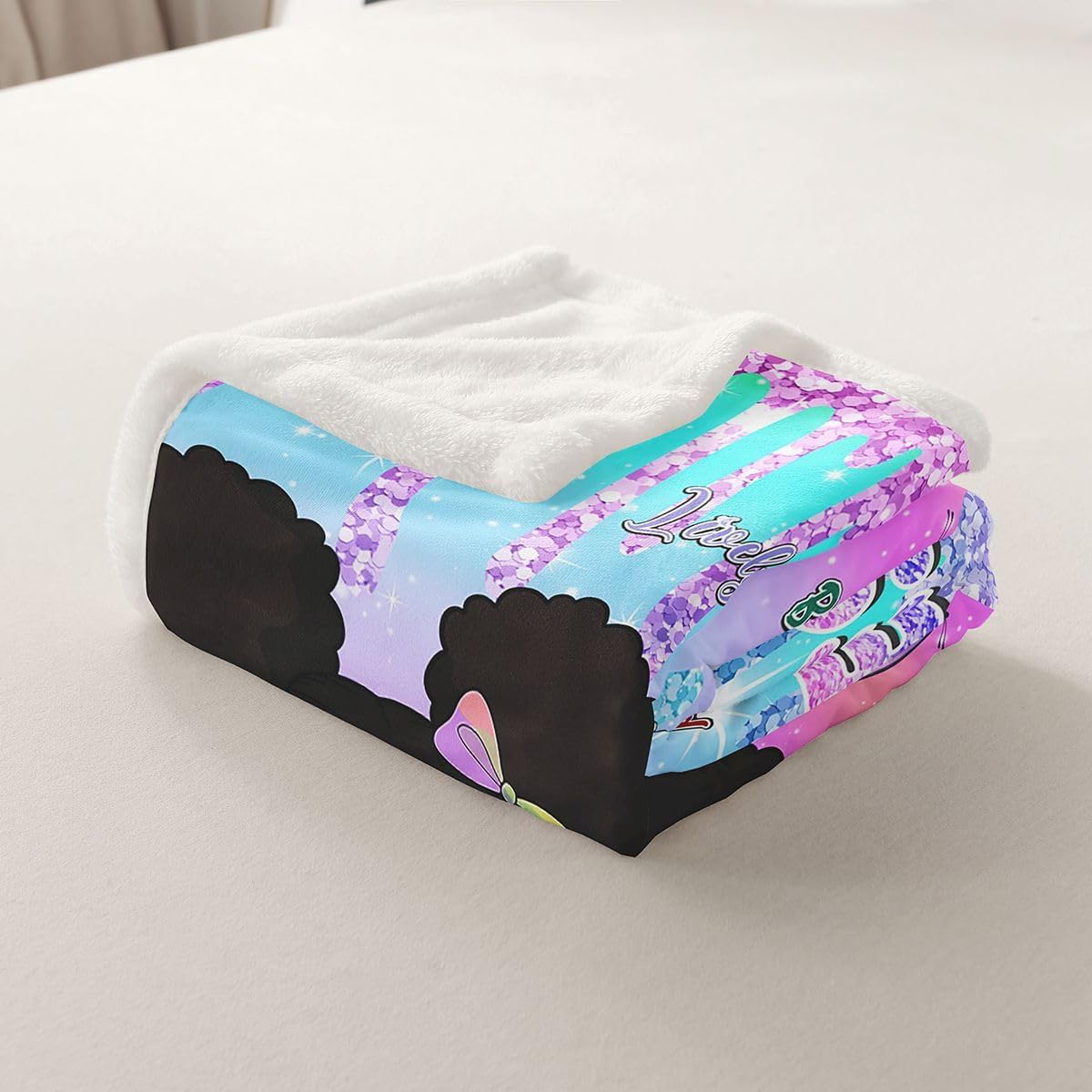 Feelyou Afro Cartoon Girl Sherpa Throw Blanket for Couch Rainbow Super Soft Cozy Fleece Pastel Gradient Blanket for Winter, Plush Throw Butterfly Princess African Woman Queen 90"x90" All Season