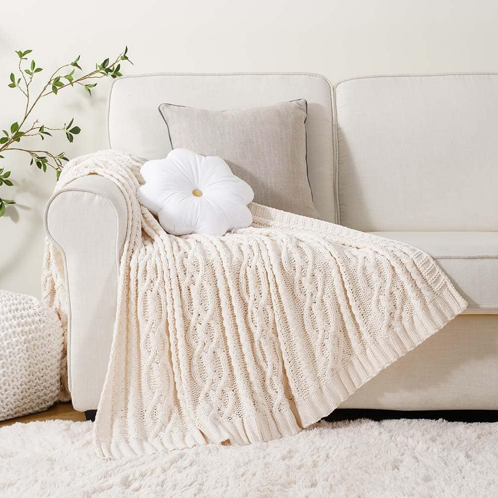 Battilo Cream White Ivory Throw Blanket for Couch, 51x 67 Inch, Woven Chenille Knit Throw Blanket for Chair, Super Soft Warm Decorative Textured Throw Blanket for Bed, Sofa and Living Room.
