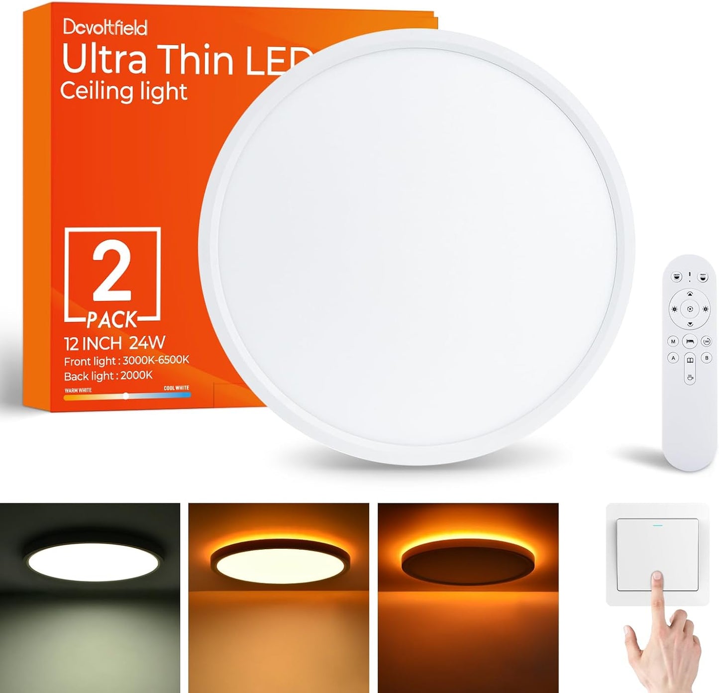2Pack Dimmable LED Flush Mount Ceiling Light Fixture with Remote Control, 24W 2400LM, 12Inch, 2000K Warm Night Light & 3000K-6500K, Modern Super Slim Ceiling Lamp for Bedroom Kitchen, White