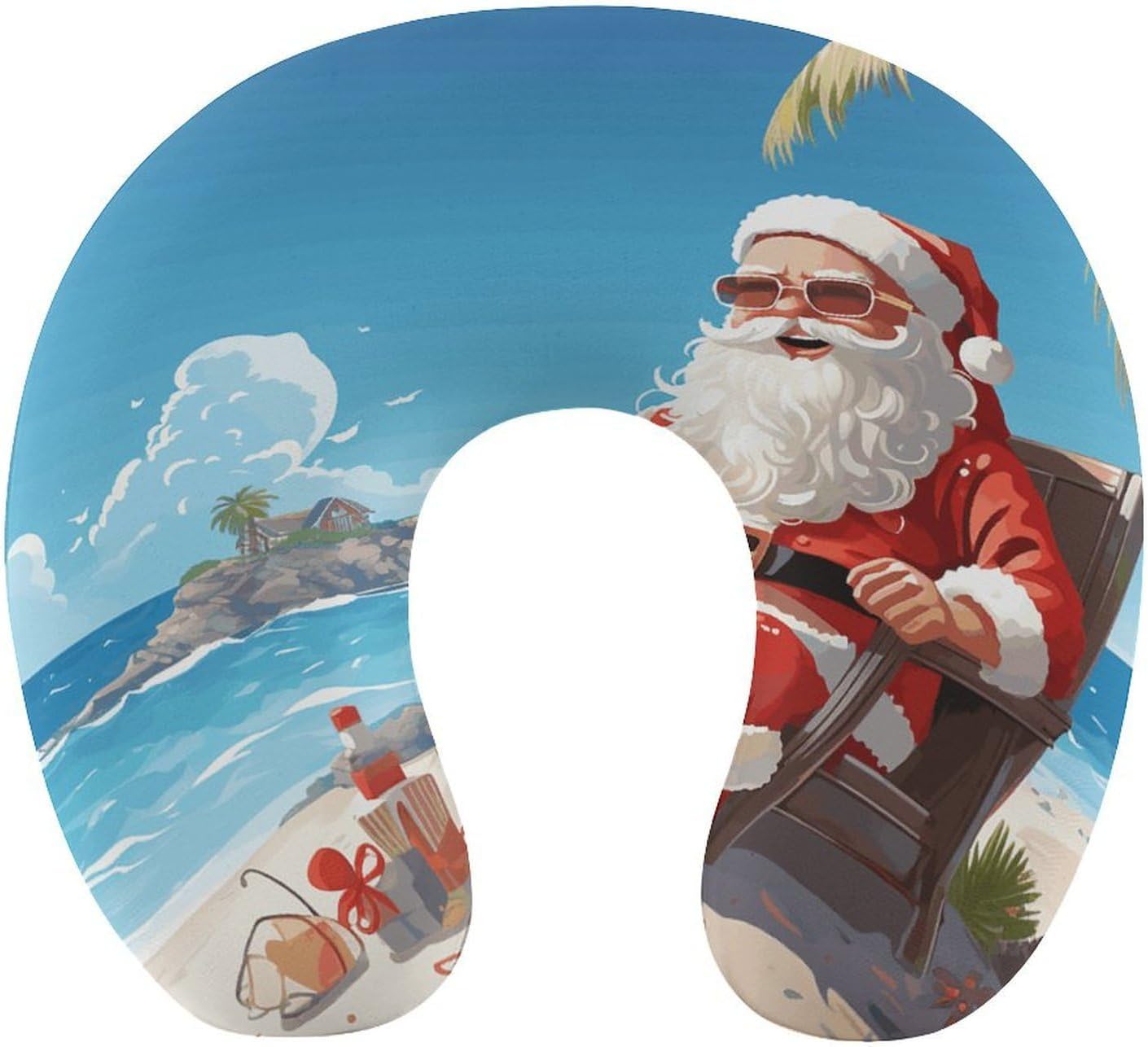 Santa Claus at Beach Neck Pillow Memory Foam U Shaped Pillows Portable Pillows for Shoulder Travel Head Support Pillow with Concealed Zipper for Airplane Car Home Office