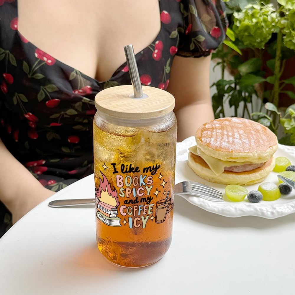 Funny Spicy Book Lover Gifts for Women,Men,Friends,Glass Cup with Lids and Straws,Bookish Gifts for Reader Libriran I Like My Books Spicy & My Coffee Icy Book Mugs Gift for Birthday Christmas -54
