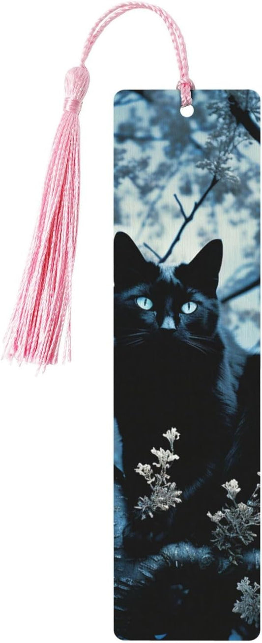 Black Cat on Tree Bookmarks Gifts for Women Men, Wooden Bookmarks for Book Lovers, Vintage Book Marks Ornaments with Tassel, Unique Personalized Reading Page Markers Pink