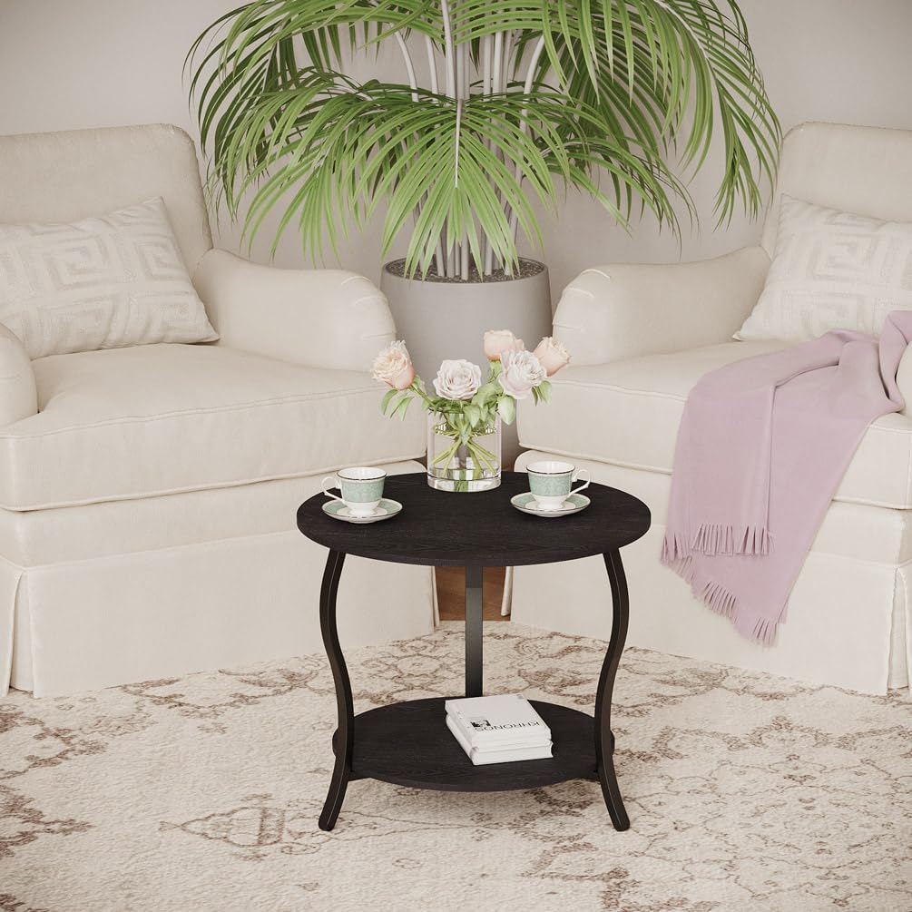 Small Round Coffee Table with Open Storage,23" 2-Tier Coffee Side Tables for Small Space, Accent Center Table Circle Sofa End Table with Wooden Table Top for Living Room Bedroom Apartment,Black