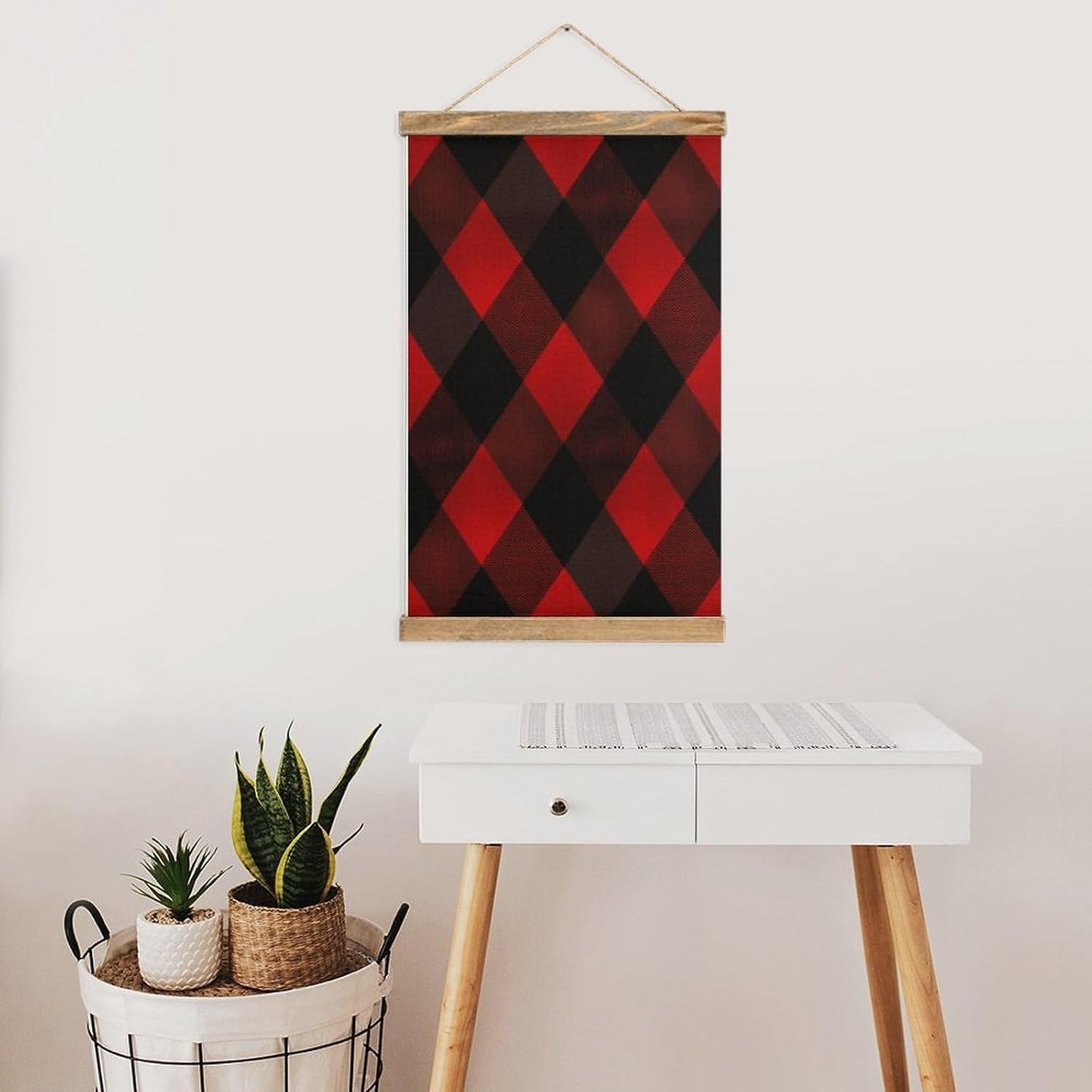 Vintage Plaid Red And Black Poster with Wooden Frame Personalized Linen Hanging Scroll Painting Rustic Wall Hanging Illustrative Modern Artwork Decor for Home Living Room Bedroom Office