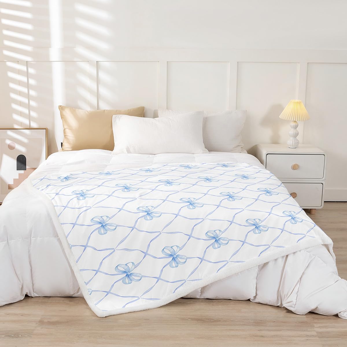 Erosebridal Bowknot Blanket Throw 50"x60" Bow Knot Throw Blanket for Kids Butterfly Knot Bow Tie Fleece Blanket Aesthetic Coquette Bedroom Decor Geometric Cartoon Blue Sherpa Blanket